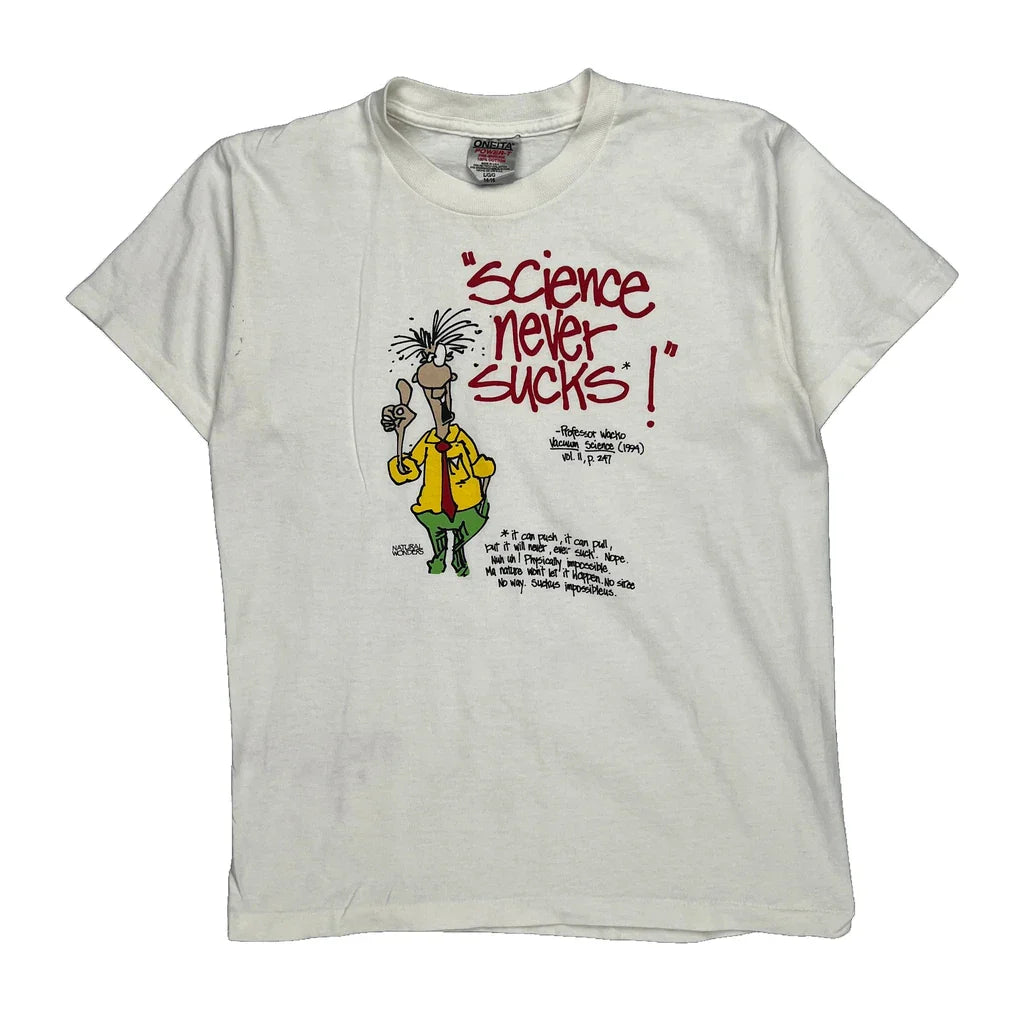 Science Never Sucks! Oneita Single Stitch T-Shirt - Large White Cotton Refurbished - Thrifted (note: this is a term often used to describe second- refurbished available on Cerqular