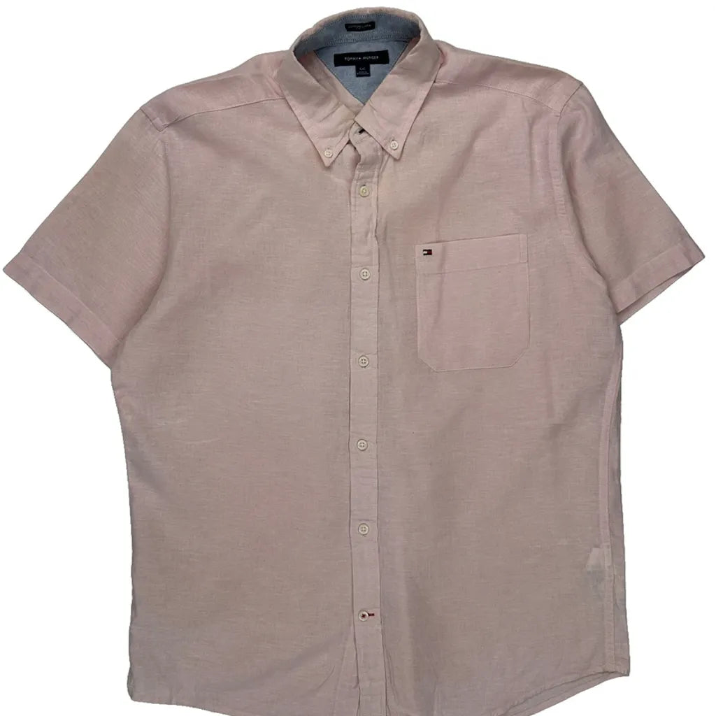 Tommy Hilfiger Short Sleeve Shirt - Large Pink Cotton Refurbished - Thrifted (note: this is a term often used to describe second- refurbished available on Cerqular