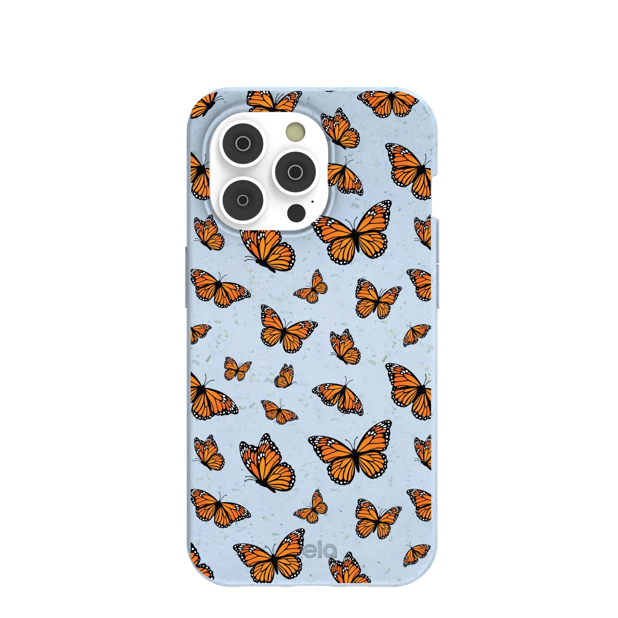 Powder Blue Monarchs in flight iPhone 14 Pro Case Refurbished - Pela Case refurbished available on Cerqular