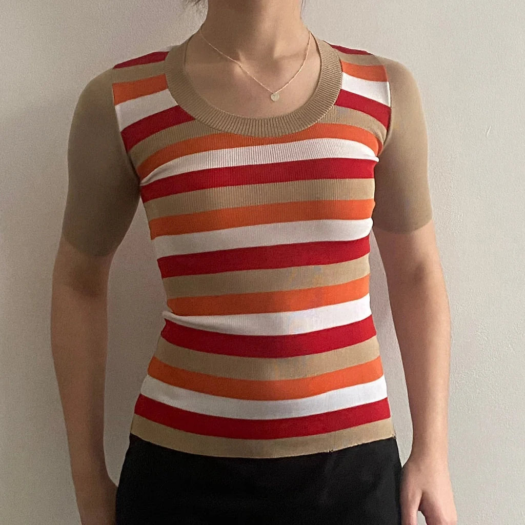1970s Fauler Striped Top - 2XS Beige Viscose Blend Refurbished - Thrifted (note: this is a term often used to describe second- refurbished available on Cerqular