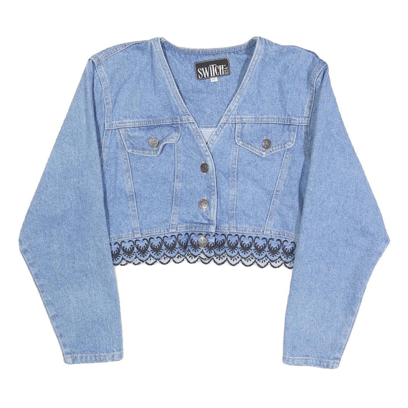 SWITCH Womens Blue Cotton Cropped Button Jacket M Lace Trim Vintage Style Refurbished - N/A refurbished available on Cerqular