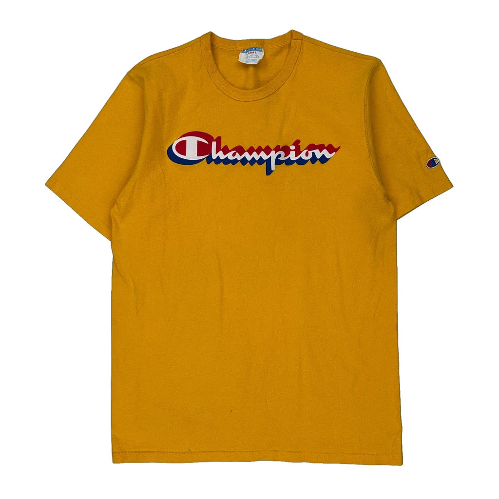 Buy Champion Spellout T-Shirt - Large Yellow Cotton Refurbished - $19.35 Champion Spellout T-Shirt - Large Yellow Cotton Refurbished - Thrifted (note: this is a term often used to describe second- refurbished available on Cerqular