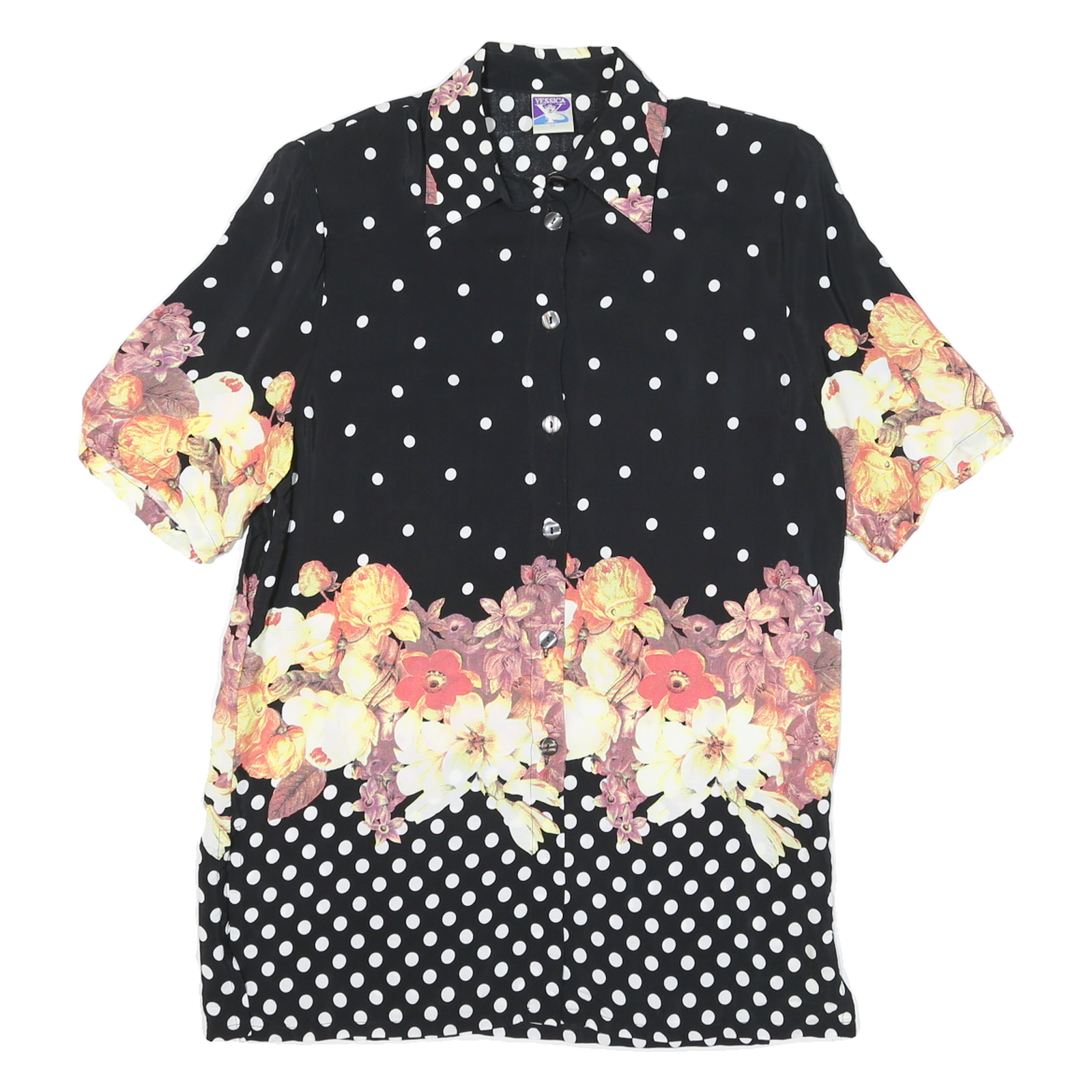 YESICA Womens Black White Polka Dot Floral Button Shirt Short Sleeve M Refurbished - N/A refurbished available on Cerqular