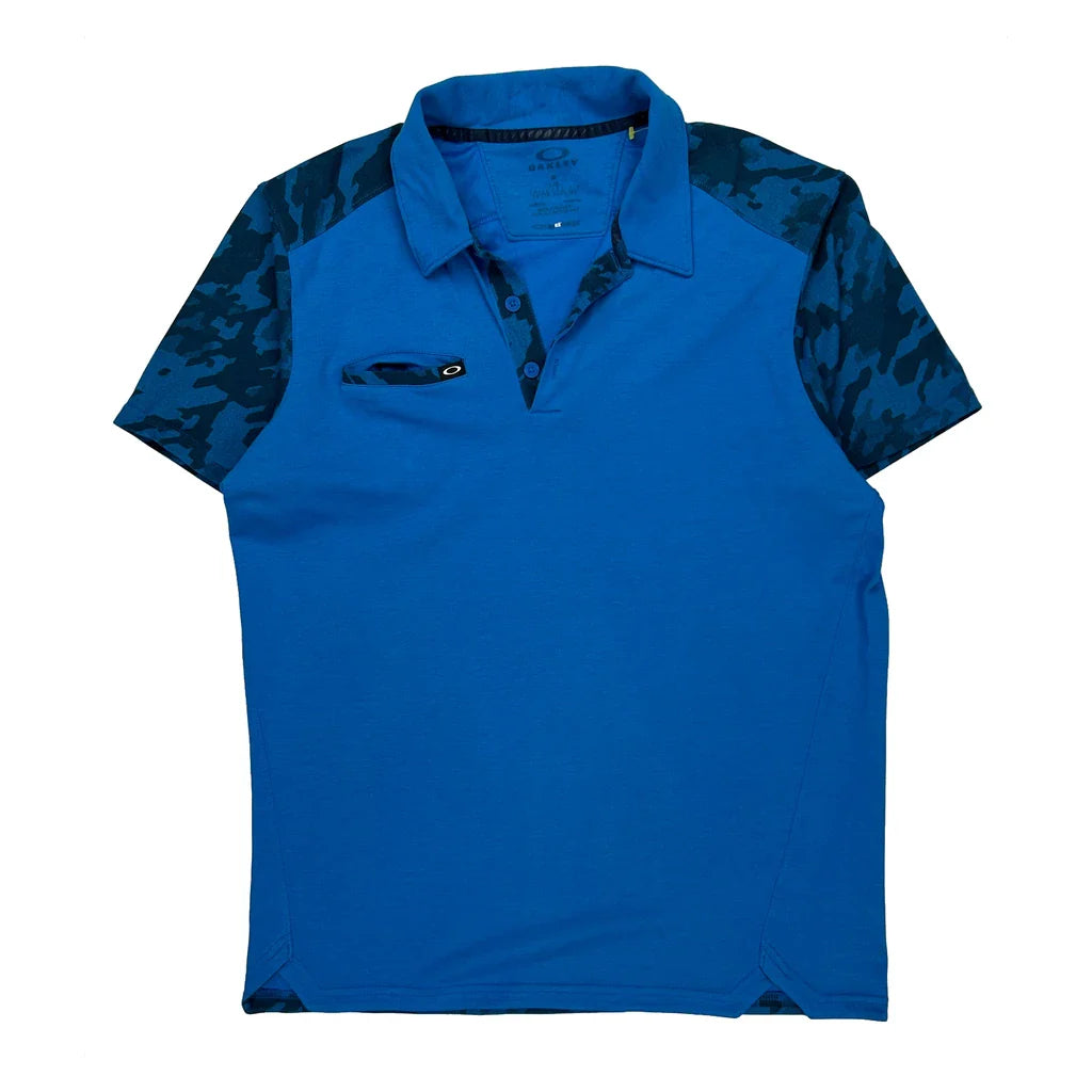 Oakley Camo Polo Shirt - Large Blue Polyester Refurbished - Thrifted (note: this is a term often used to describe second- refurbished available on Cerqular
