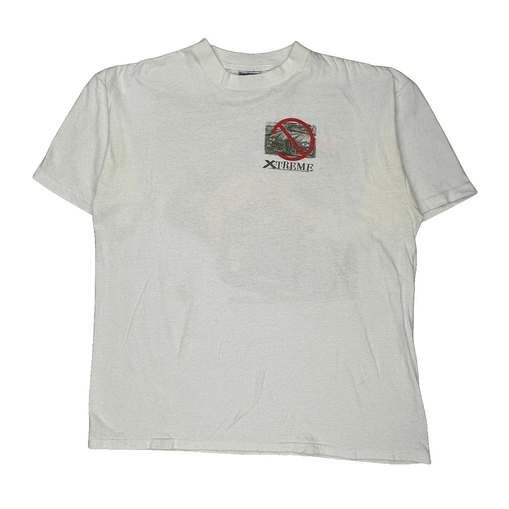 Oneita Graphic T-Shirt - XL White Cotton Refurbished - Thrifted (note: this is a term often used to describe second- refurbished available on Cerqular