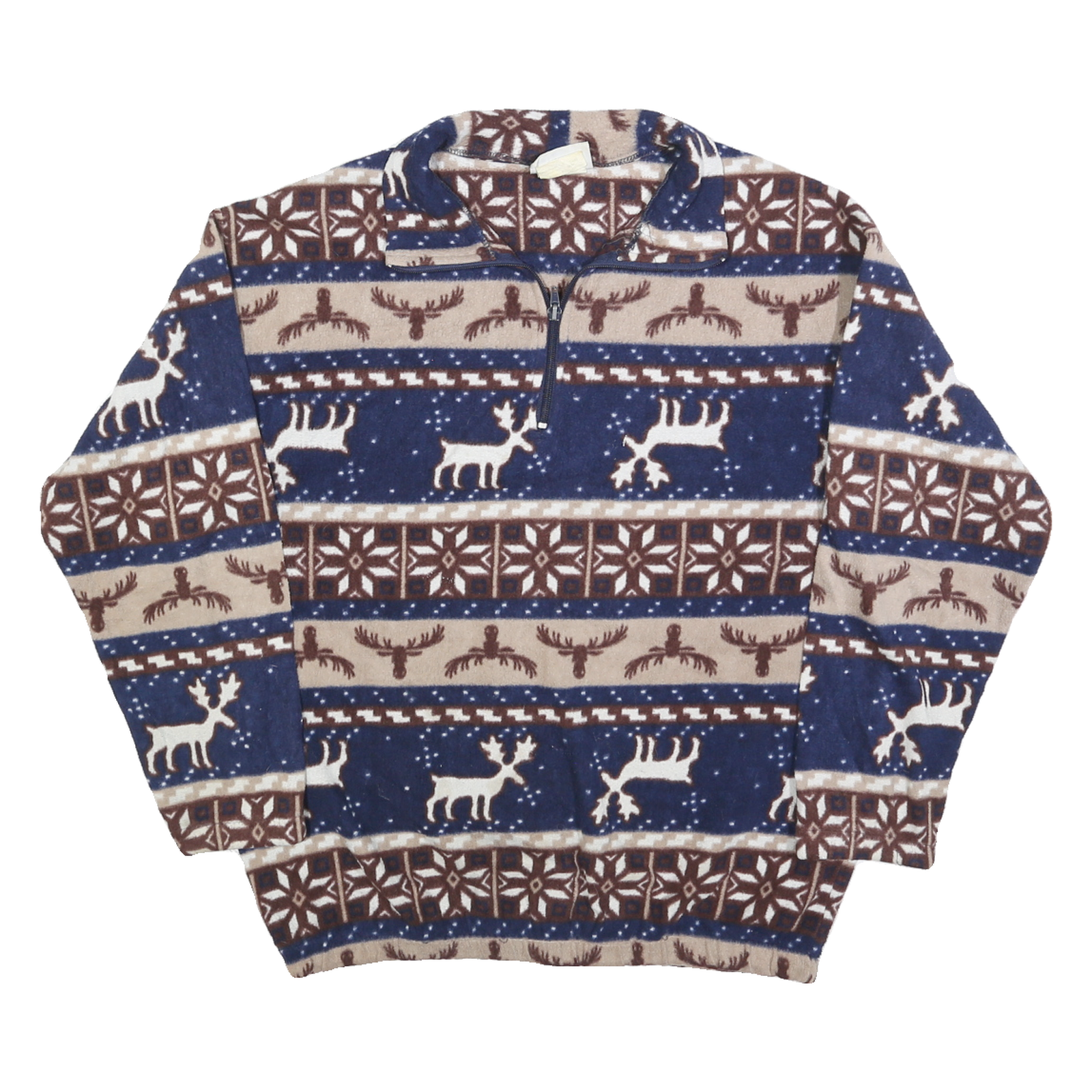 OUTBROOK Womens Blue Brown Cream Patterned Jumper 1/4 Zip Pullover M Reindeer Refurbished - N/A refurbished available on Cerqular