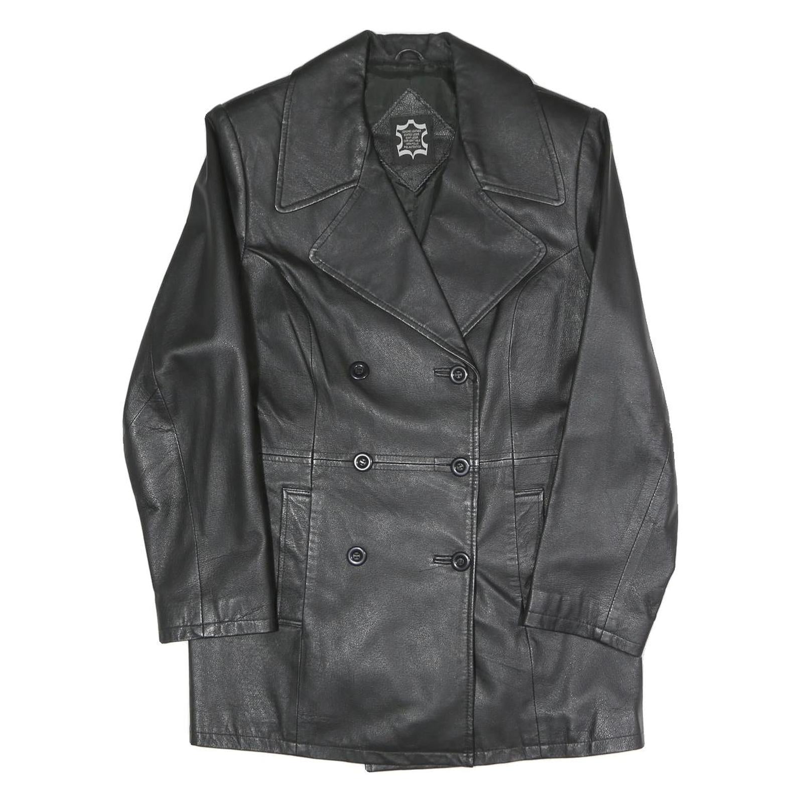Womens Black Leather Button Jacket M Plain Double Breasted Classic Style Refurbished - N/A refurbished available on Cerqular