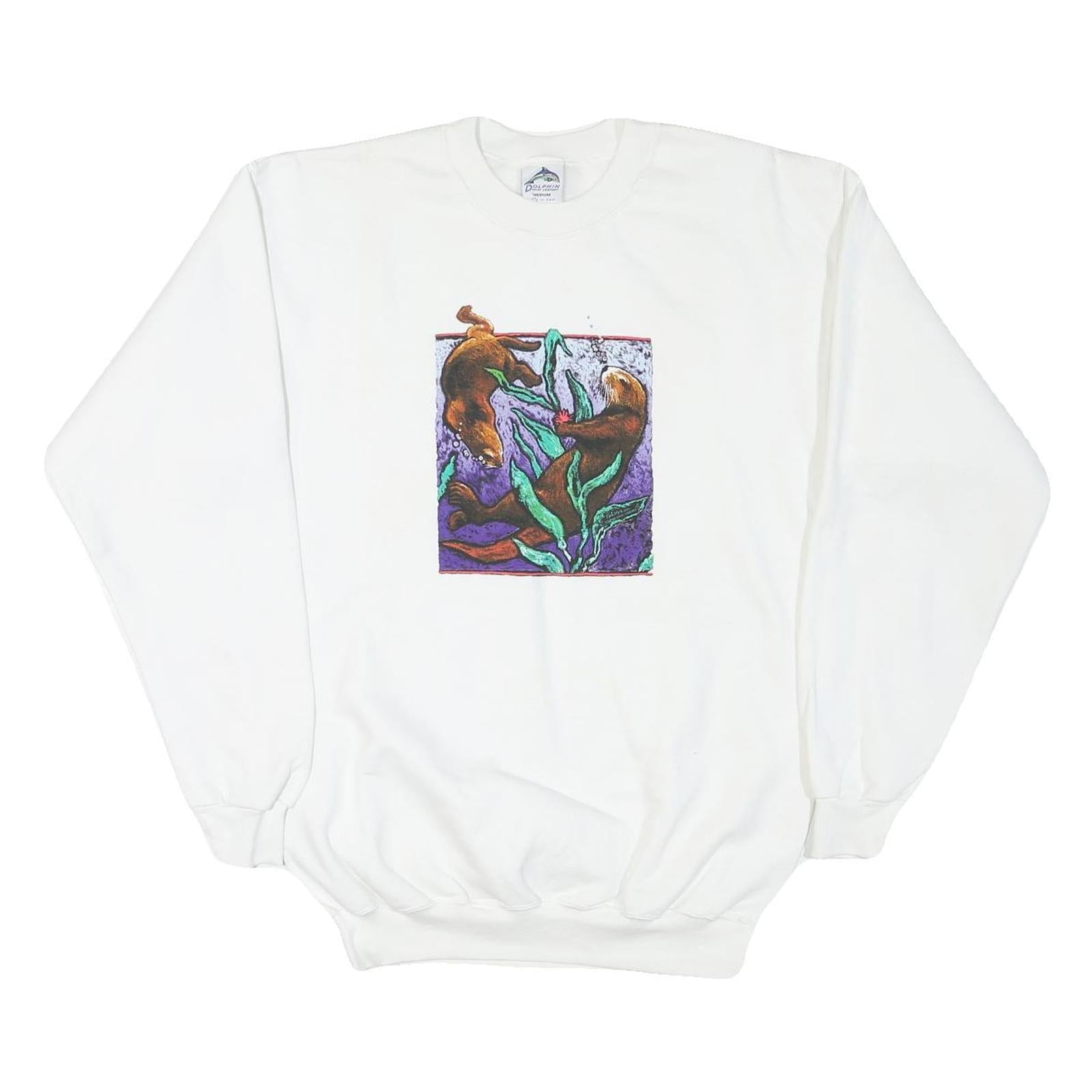 DOLPHIN Womens White Sweatshirt Crew Neck M Otters Graphic Print Cotton Blend Refurbished - N/A refurbished available on Cerqular