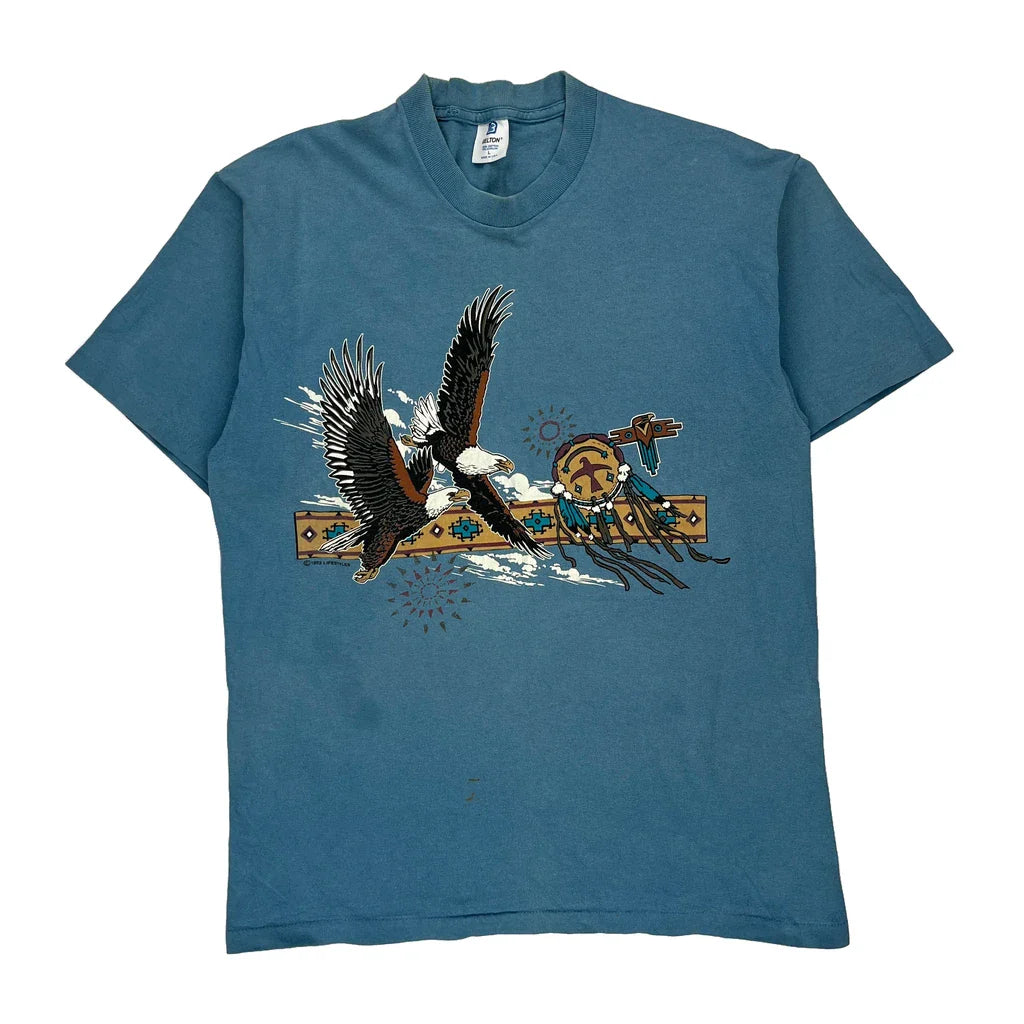 Eagle Print Belton Single Stitch T-Shirt - Large Blue Cotton Refurbished - Thrifted (note: this is a term often used to describe second- refurbished available on Cerqular