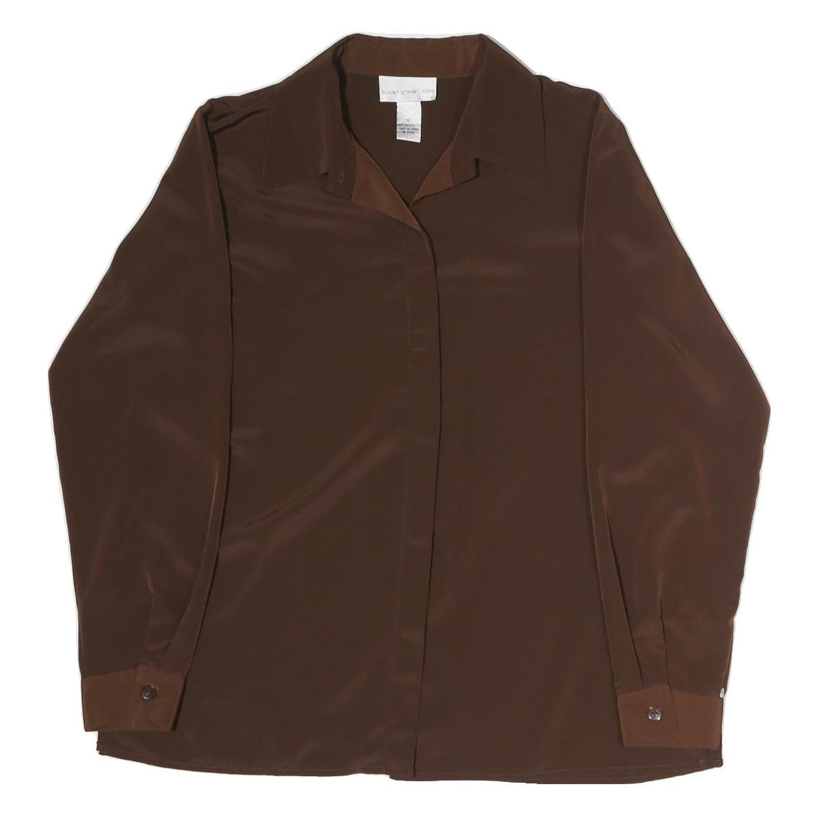 SUSAN GRAVER Womens Brown Long Sleeve Collared Top L Polyester Classic Shirt Refurbished - N/A refurbished available on Cerqular