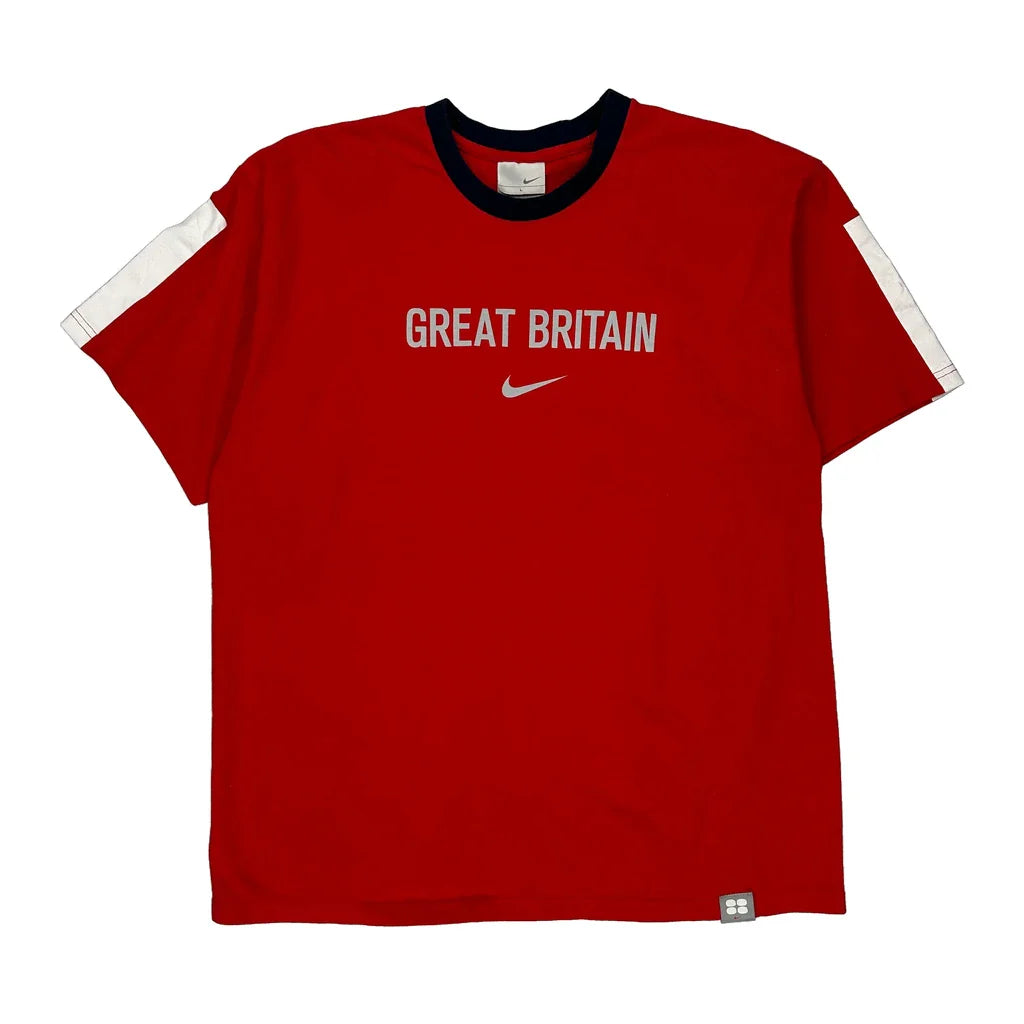 Great Britain Nike Graphic T-Shirt - Large Red Cotton Refurbished - Thrifted (note: this is a term often used to describe second- refurbished available on Cerqular