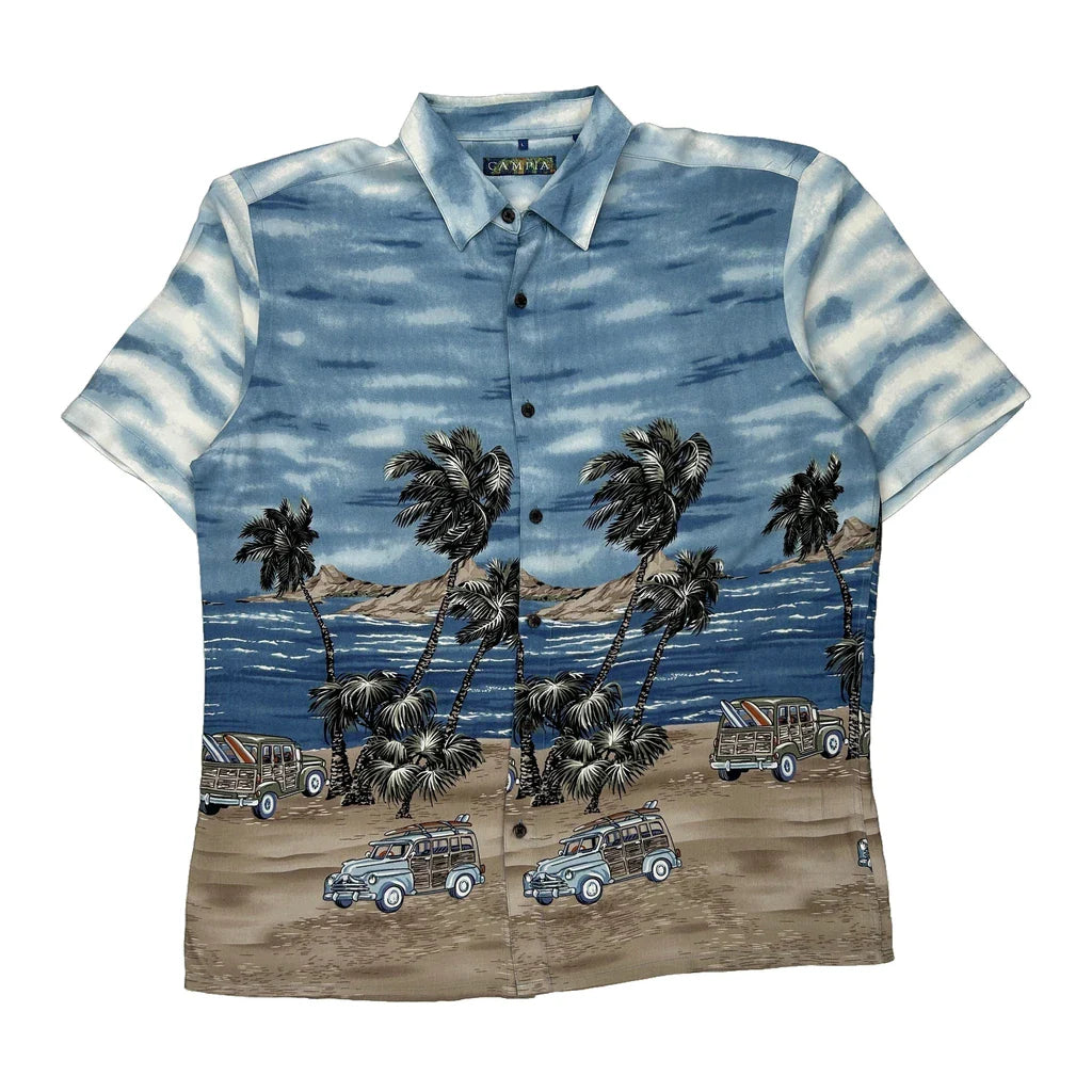 Campia Graphic Hawaiian Shirt - Large Blue Viscose Refurbished - Thrifted (note: this is a term often used to describe second- refurbished available on Cerqular