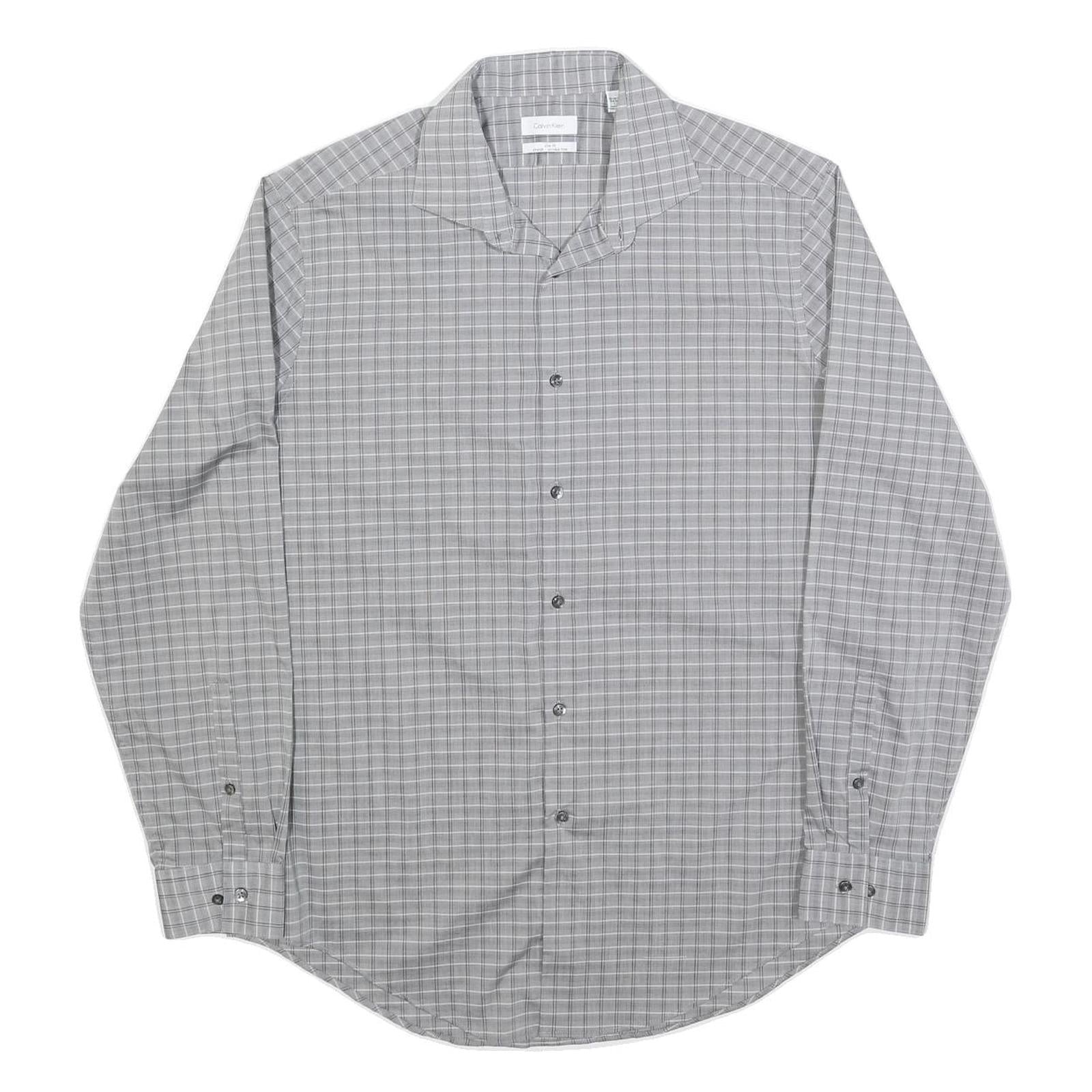 CALVIN KLEIN Mens Grey Check Shirt L Cotton Blend Button Long Sleeve Classic Fit Refurbished - N/A refurbished available on Cerqular