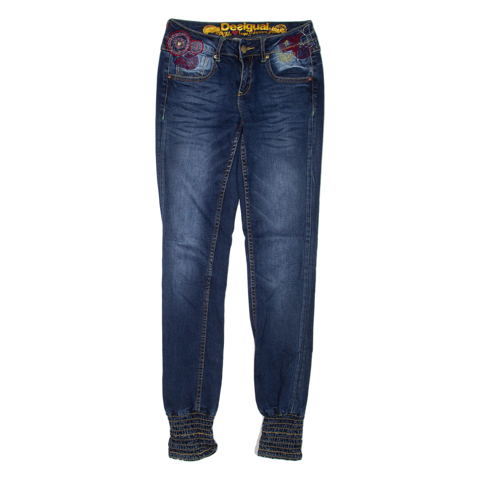 DESIGUAL Floral Cuffed Womens Jeans Blue Regular Tapered Stone Wash W26 L31 Refurbished - N/A refurbished available on Cerqular