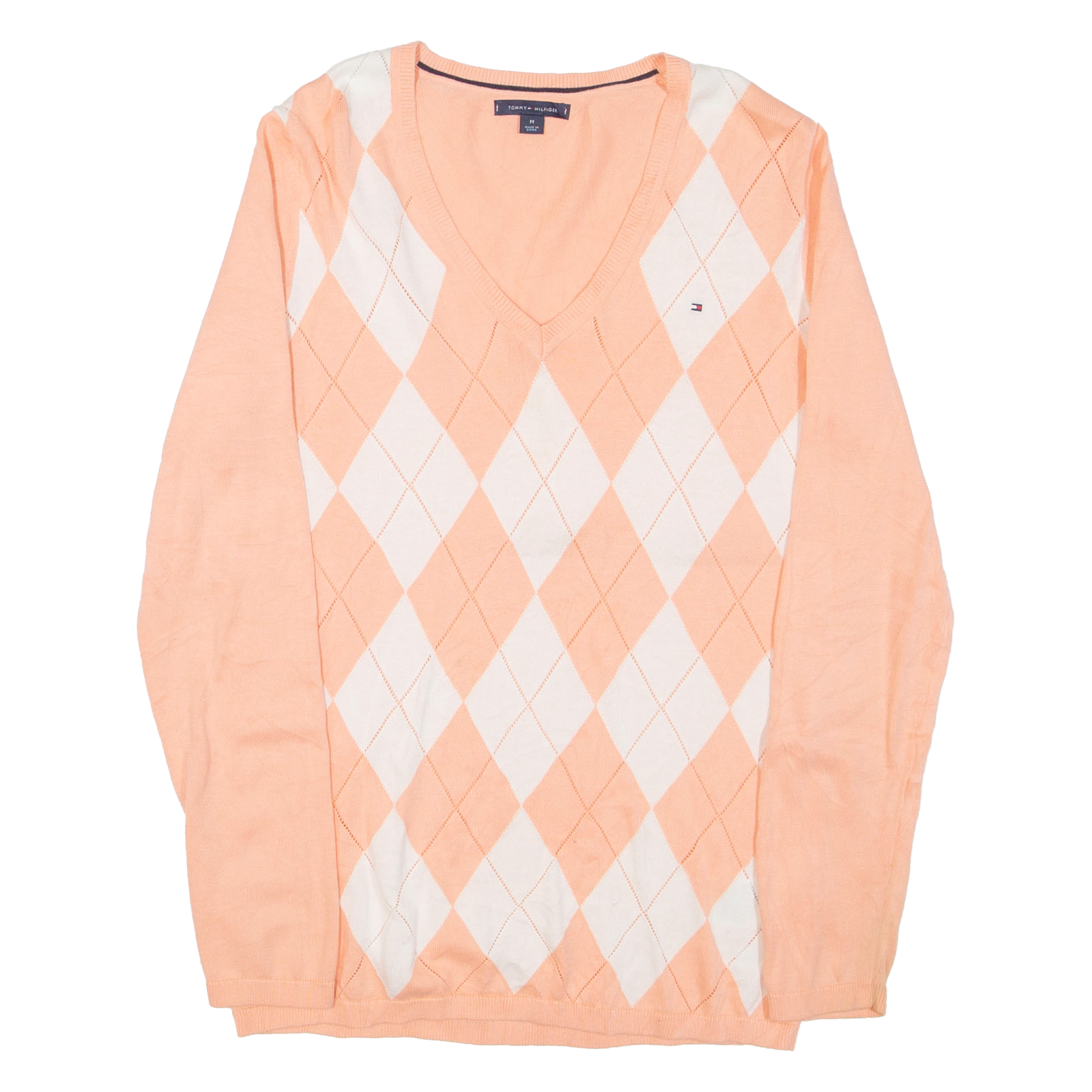 TOMMY HILFIGER Womens Patterned Jumper Pink Argyle V-Neck Tight Knit M Refurbished - N/A refurbished available on Cerqular