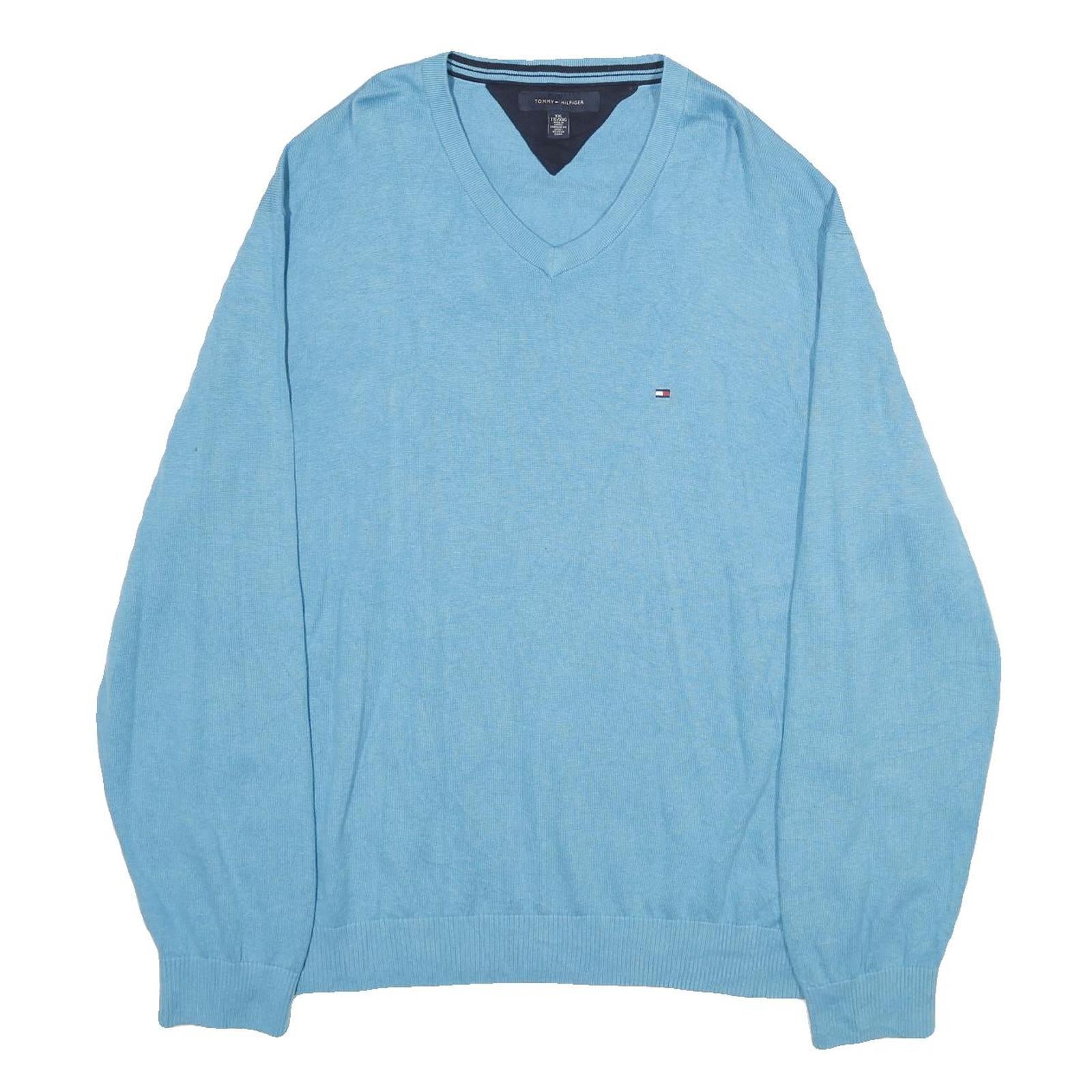 TOMMY HILFIGER Mens Blue Plain Cotton V-Neck Basic Knit 2XL Jumper Refurbished - N/A refurbished available on Cerqular