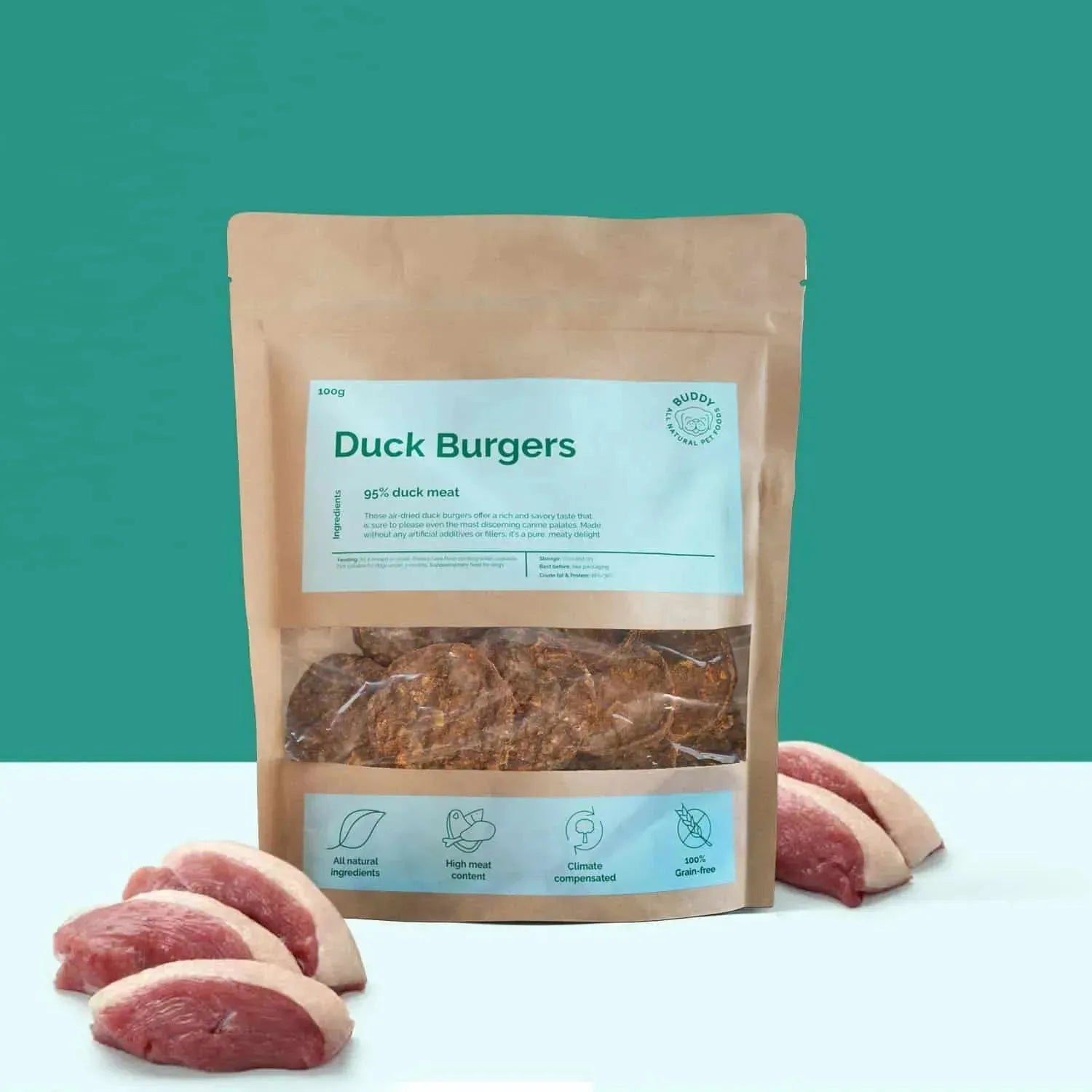 Duck Burgers | Välj storlek: 5x100g Refurbished - Buddy Pet Foods refurbished available on Cerqular