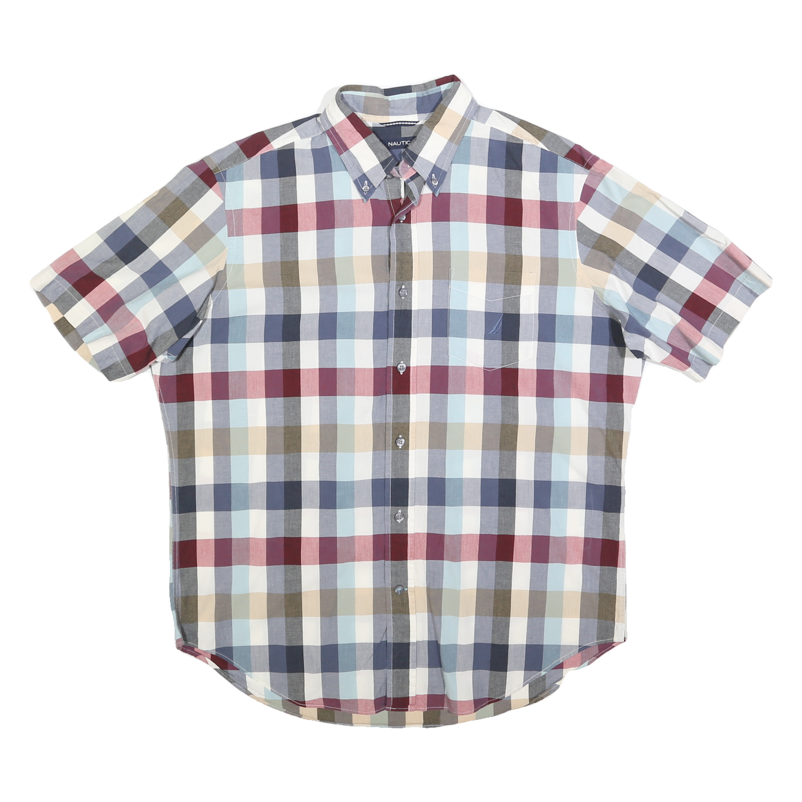 NAUTICA Mens Blue Red Beige Check Shirt L Cotton Blend Casual Short Sleeve Refurbished - N/A refurbished available on Cerqular