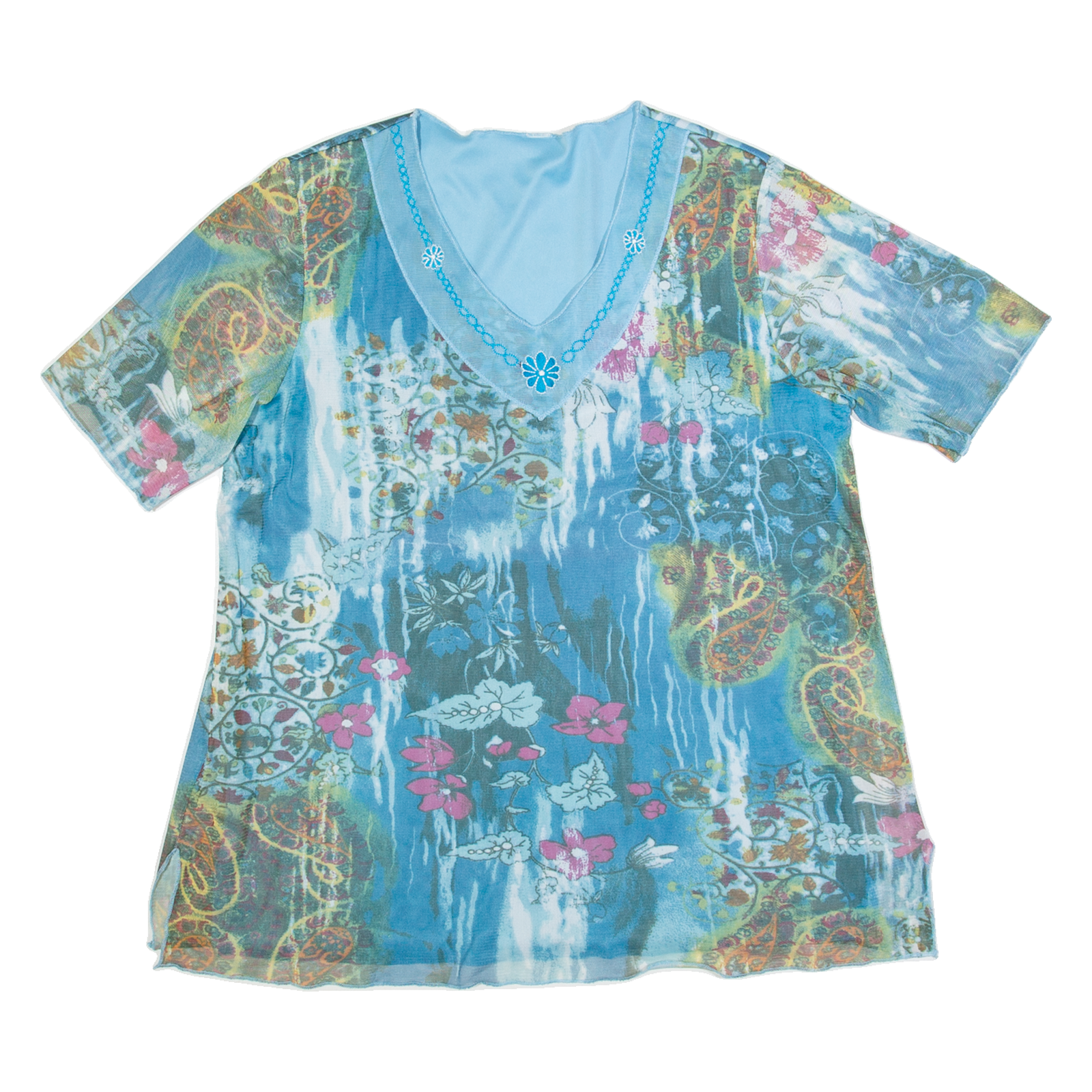 Mesh Womens Printed Top Blue V-Neck L Refurbished - N/A refurbished available on Cerqular