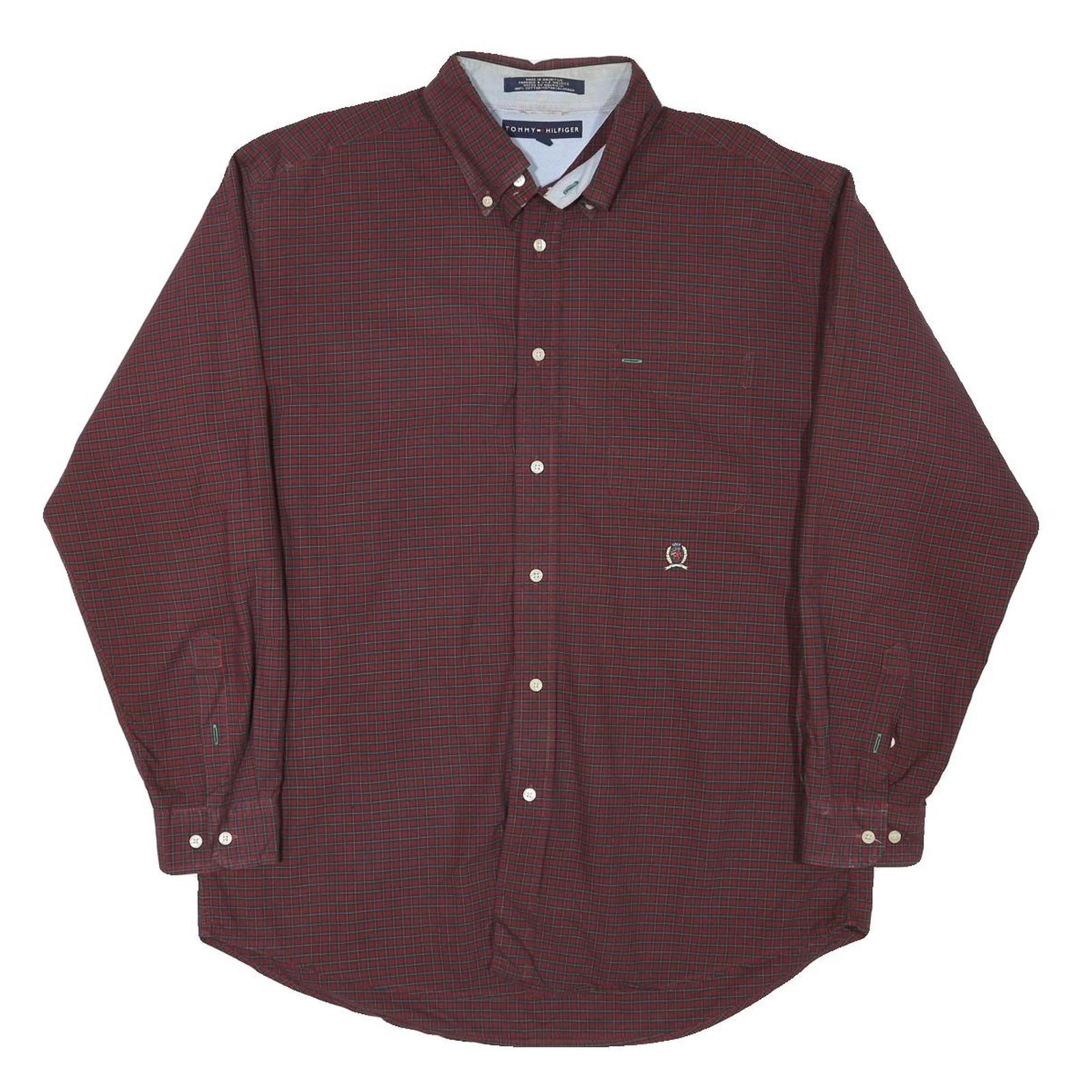 TOMMY HILFIGER Mens Maroon Check Shirt L Button Down Casual Cotton Blend Refurbished - N/A refurbished available on Cerqular