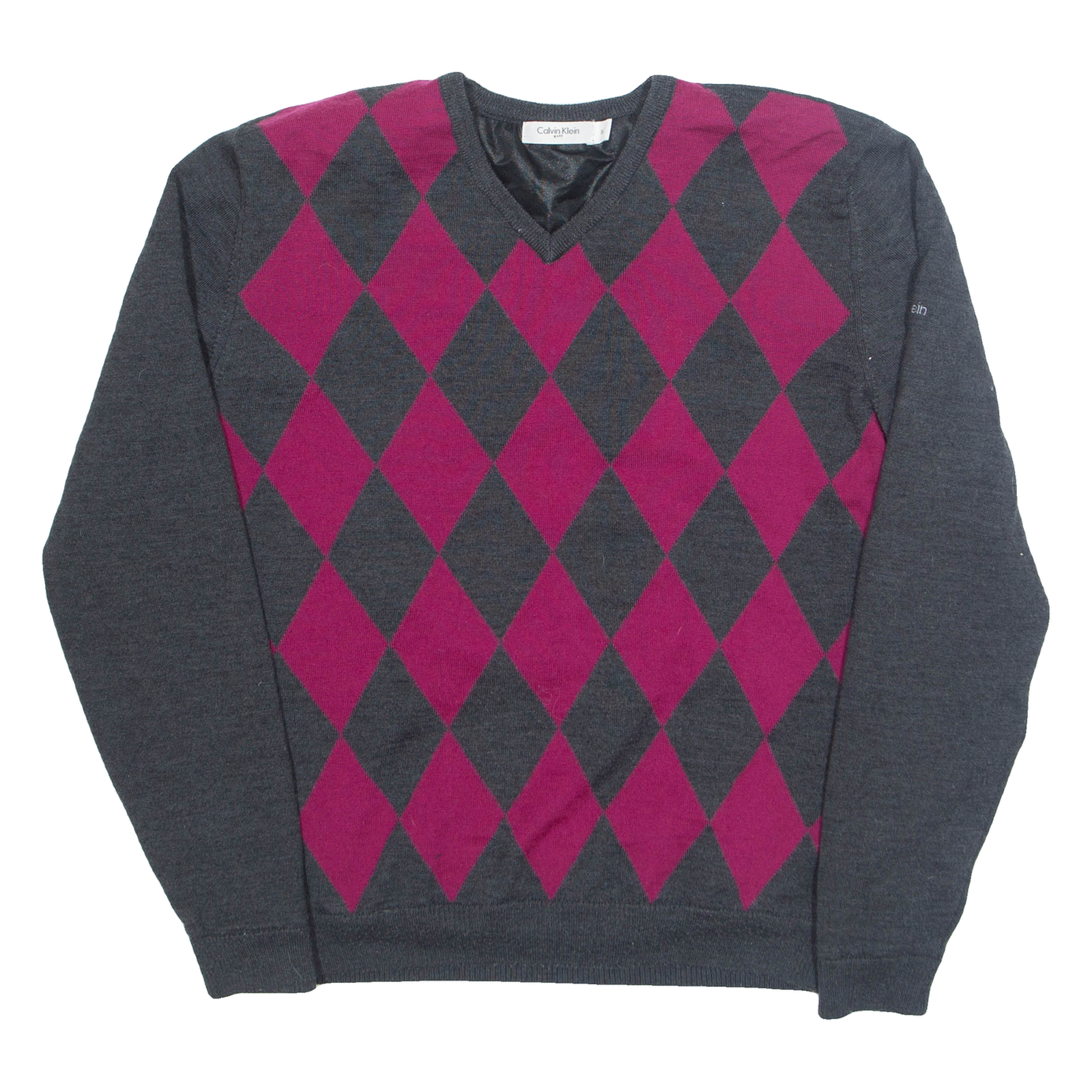 CALVIN KLEIN GOLF Mens Patterned Jumper Grey Diamond V-Neck Tight Knit Wool M Refurbished - N/A refurbished available on Cerqular