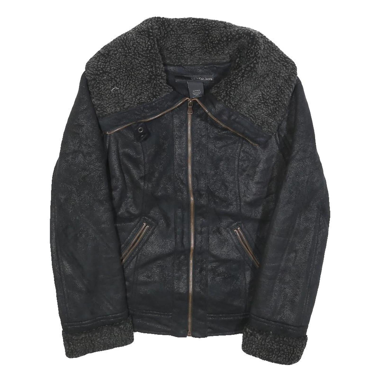 CALVIN KLEIN JEANS Womens Black Faux Shearling Biker Jacket XS Polyester Zip Refurbished - N/A refurbished available on Cerqular