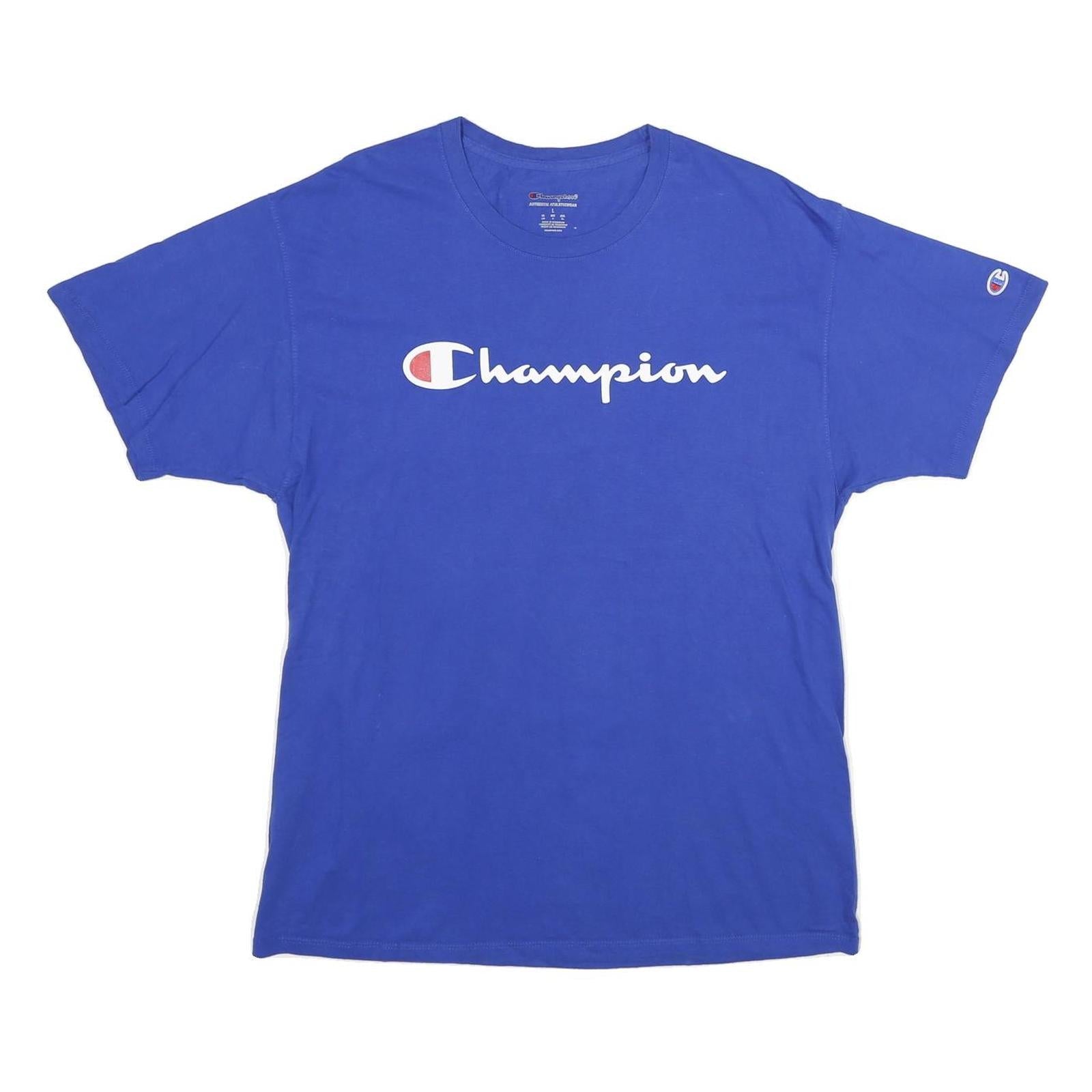CHAMPION Mens Blue Graphic T-Shirt L Short Sleeve Crew Neck Cotton Logo Refurbished - N/A refurbished available on Cerqular
