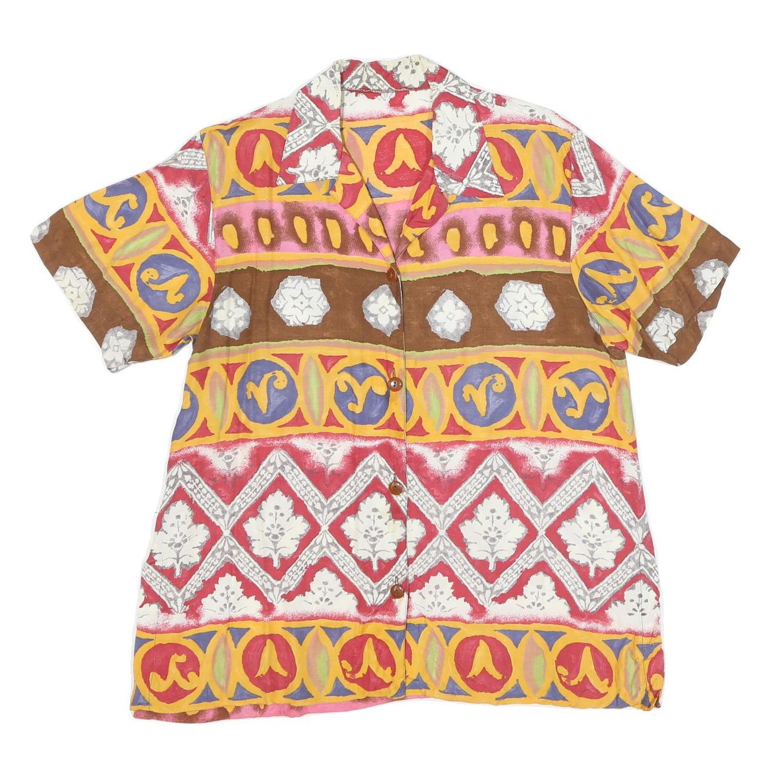 Womens Beige Brown Yellow Patterned Faux Silk Shirt L Short Sleeve Button Refurbished - N/A refurbished available on Cerqular