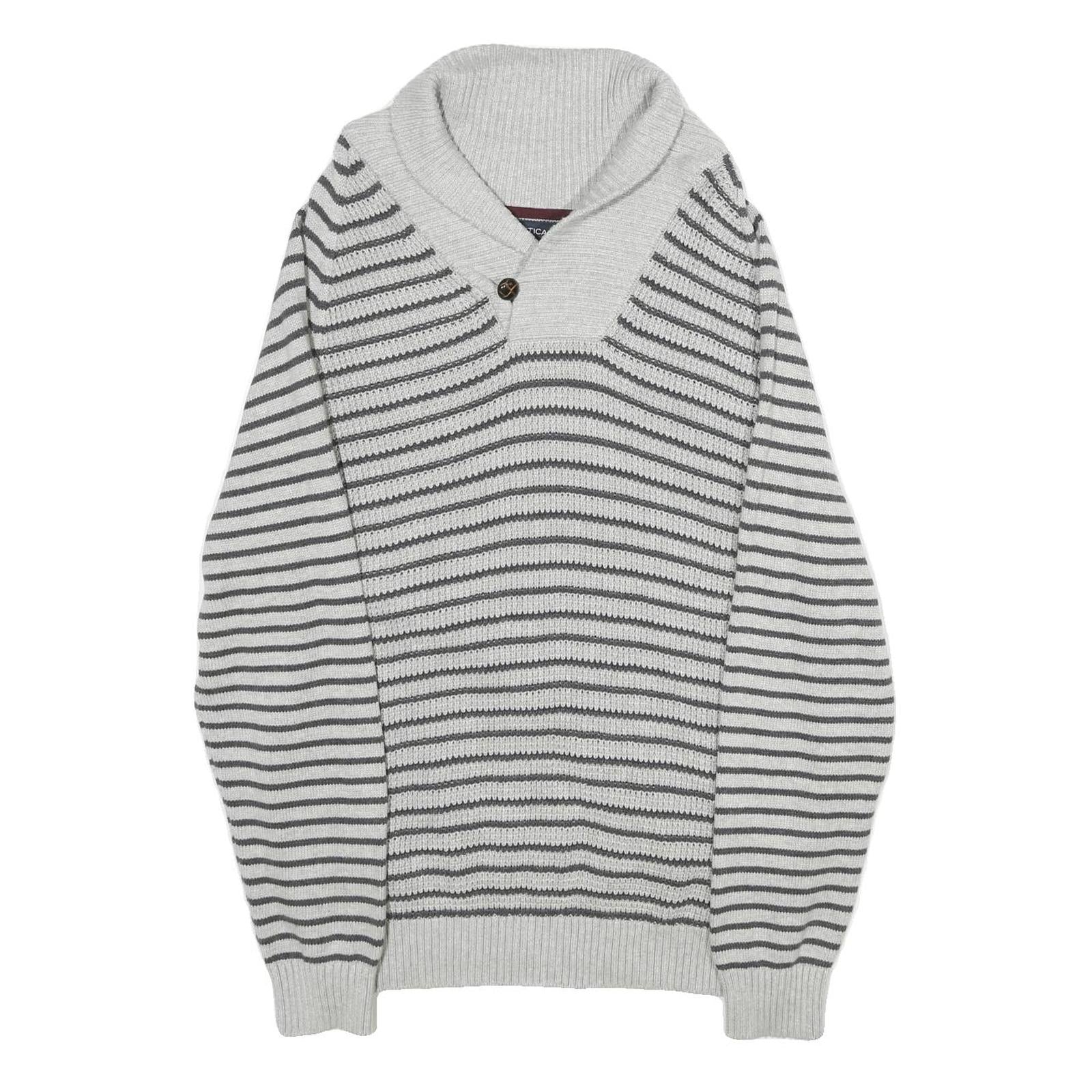 NAUTICA Mens Grey Stripe Patterned Shawl Collar Jumper Crew Neck Basic Knit L Refurbished - N/A refurbished available on Cerqular