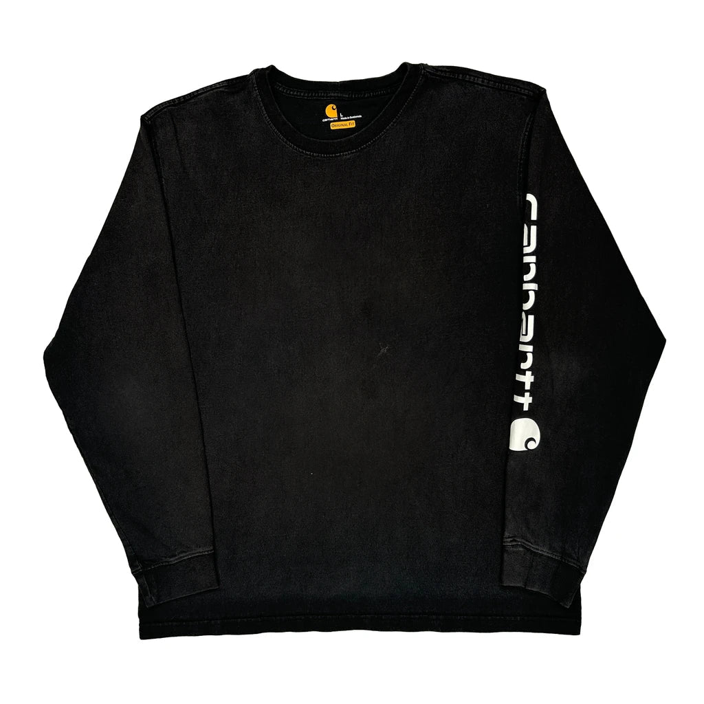 Buy Carhartt Spellout Long Sleeve T-Shirt - Large Black Cotton Refurbished - $57.61 Carhartt Spellout Long Sleeve T-Shirt - Large Black Cotton Refurbished - Thrifted (note: this is a term often used to describe second- refurbished available on Cerqular
