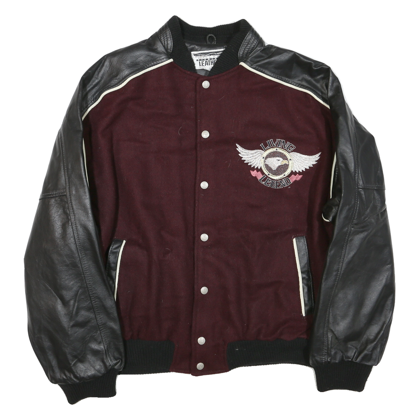 DALLAS LEATHER Mens Burgundy & Black Wool Blend Varsity Jacket L Button Bomber Refurbished - N/A refurbished available on Cerqular