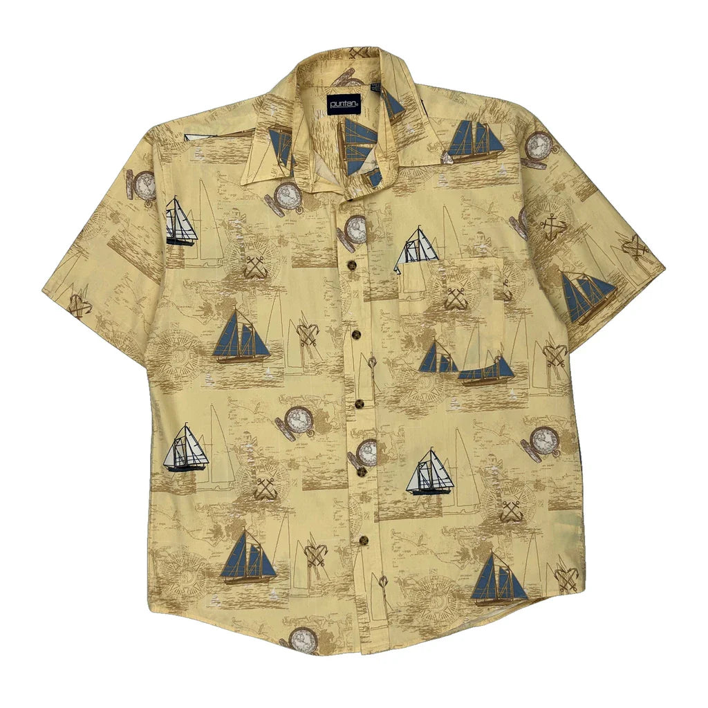 Puritan Graphic Hawaiian Shirt - Large Beige Cotton Refurbished - Thrifted (note: this is a term often used to describe second- refurbished available on Cerqular