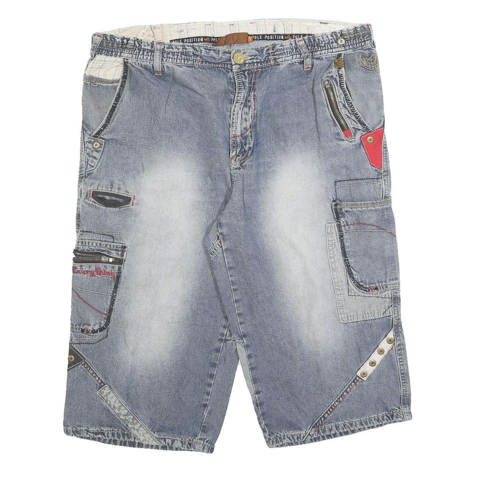 POLE POSITION Mens Denim Casual Shorts Blue L W35 Multi Pocket Zip Detail Refurbished - N/A refurbished available on Cerqular