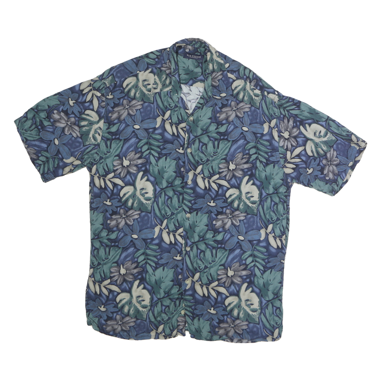 VAN HEUSEN Mens Blue & Green Floral Cotton Shirt M Summer Casual Hawaiian Style Refurbished - N/A refurbished available on Cerqular