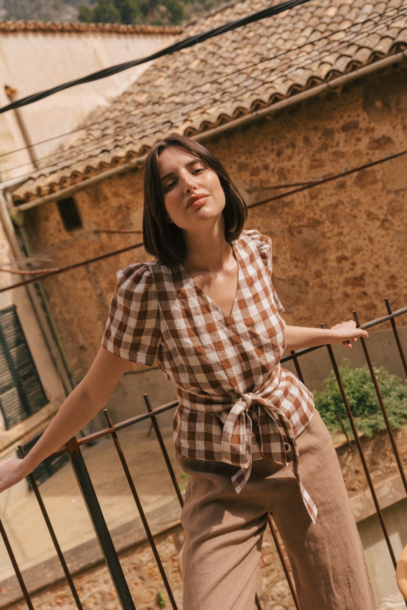 Elisa linen wrap top in Mocha Gingham | Size: S Refurbished - Amour Linen refurbished available on Cerqular