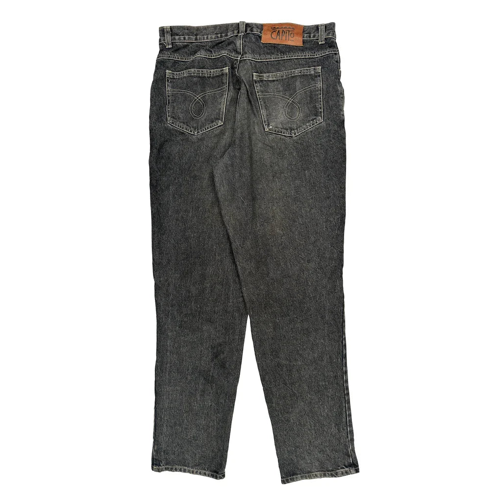 Embroidered Brand Name On Leg Capito Graphic Jeans - 35W 30L Grey Denim Refurbished - Thrifted (note: this is a term often used to describe second- refurbished available on Cerqular