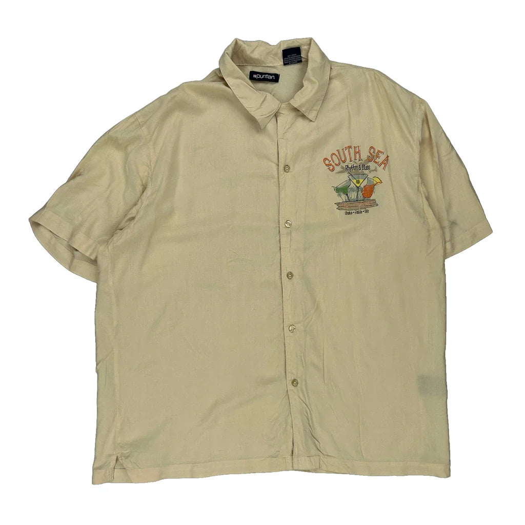Rhythm & Blues Puritan Graphic Hawaiian Shirt - Large Beige Viscose Refurbished - Thrifted (note: this is a term often used to describe second- refurbished available on Cerqular