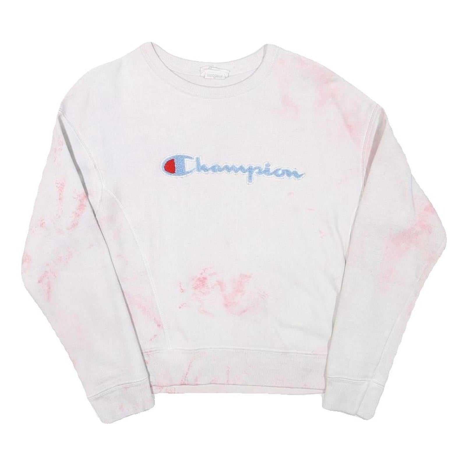CHAMPION Mens White & Pink Script Logo Crew Neck S Cotton Blend Sweatshirt Refurbished - N/A refurbished available on Cerqular