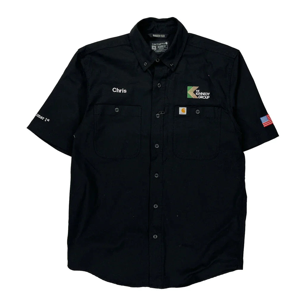 American Flag Patch On Sleeve Carhartt Short Sleeve Shirt - Medium Black Cotton Refurbished - Thrifted (note: this is a term often used to describe second- refurbished available on Cerqular