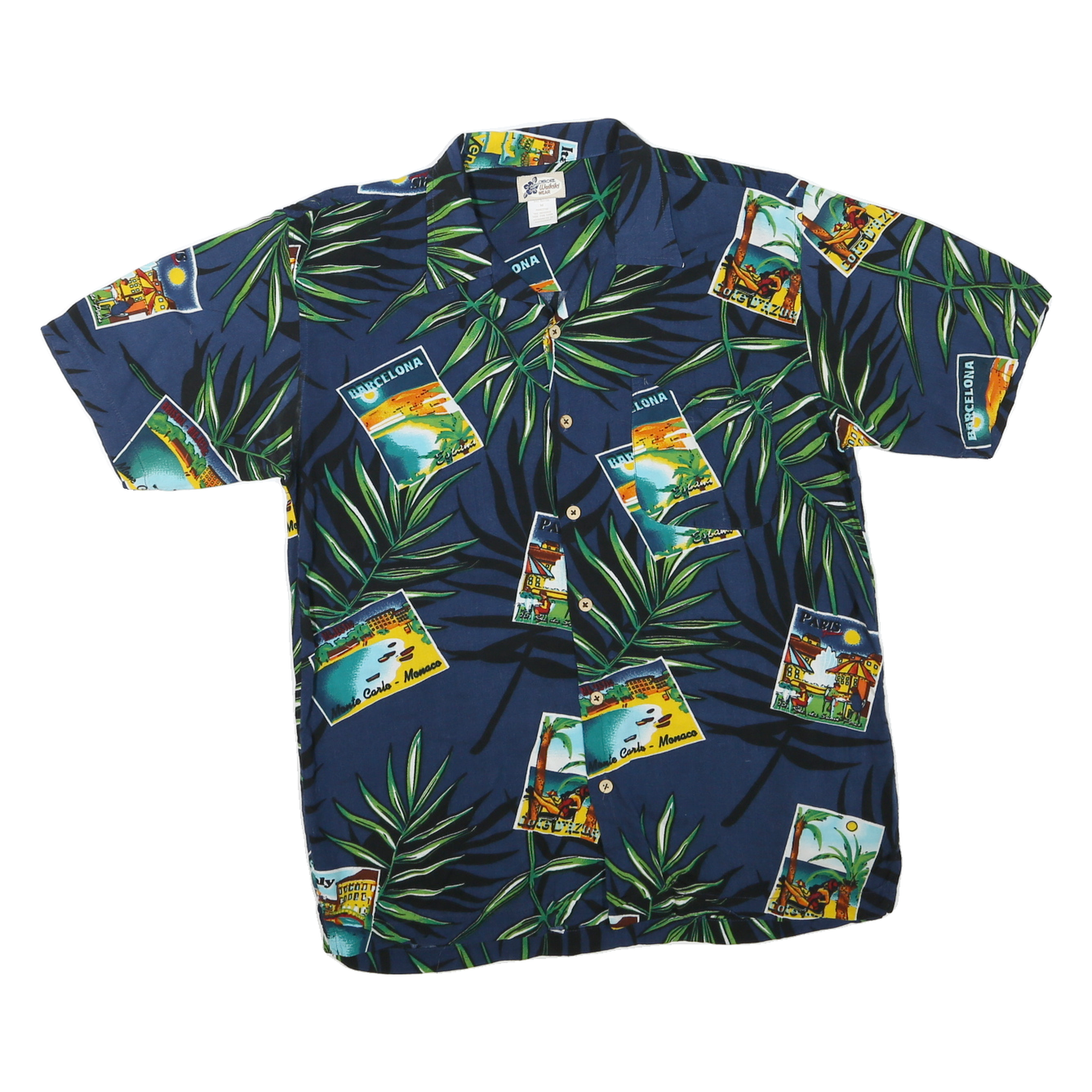 CHEROKEE Mens Blue Rayon Hawaiian Shirt M Tropical Postcard Print Summer Refurbished - N/A refurbished available on Cerqular