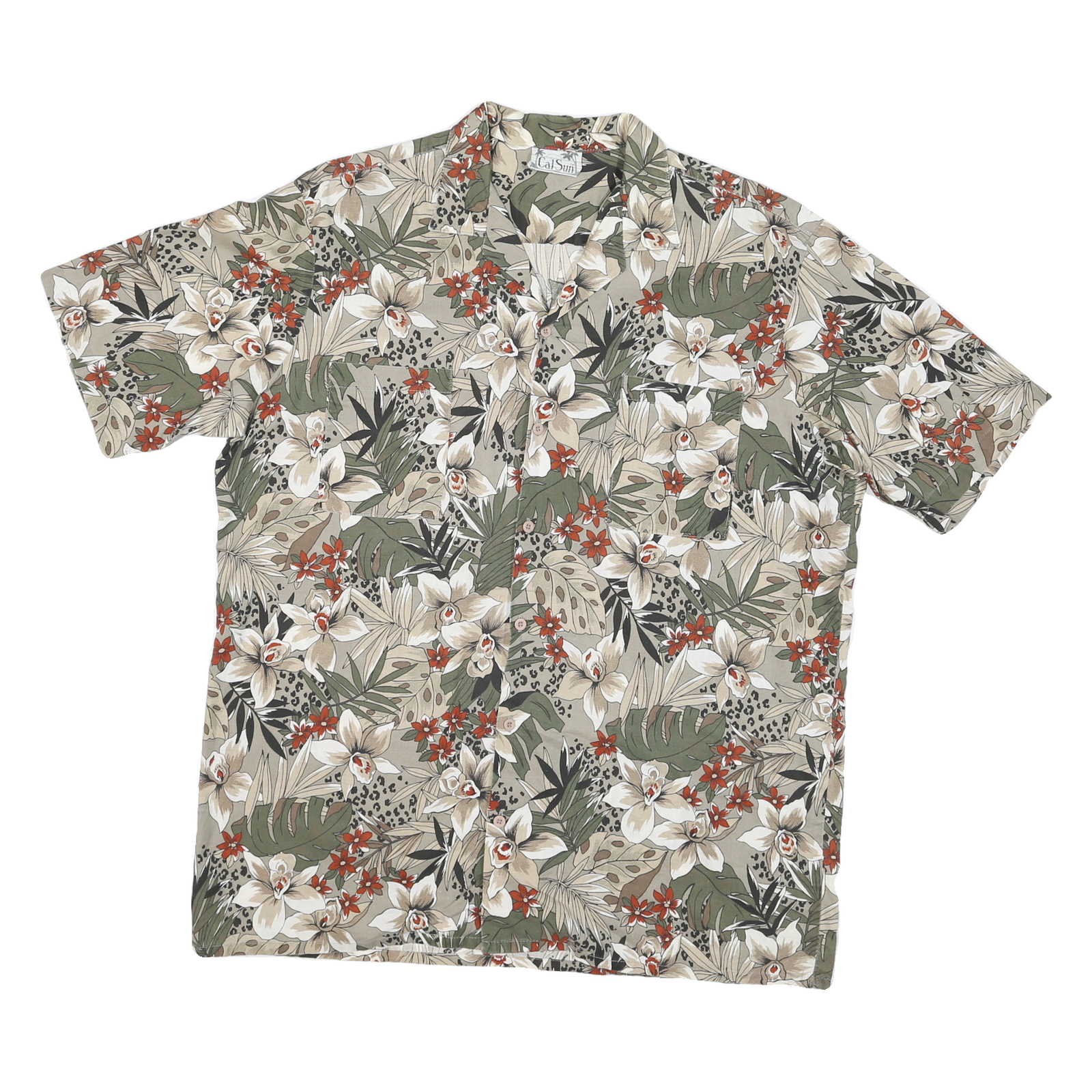CAL SUN Mens Green & Beige Floral Print Shirt L Tropical Cotton Blend Casual Refurbished - N/A refurbished available on Cerqular