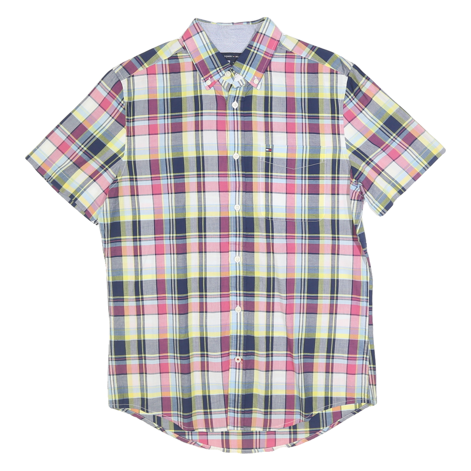 TOMMY HILFIGER Mens Pink & Yellow Short Sleeve Plaid Shirt S Cotton Casual Refurbished - N/A refurbished available on Cerqular