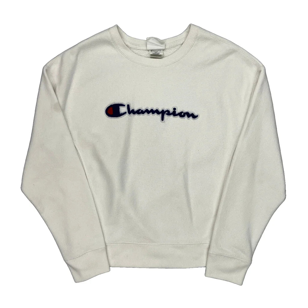 Champion Spellout Sweatshirt - Small White Cotton Refurbished - Thrifted (note: this is a term often used to describe second- refurbished available on Cerqular