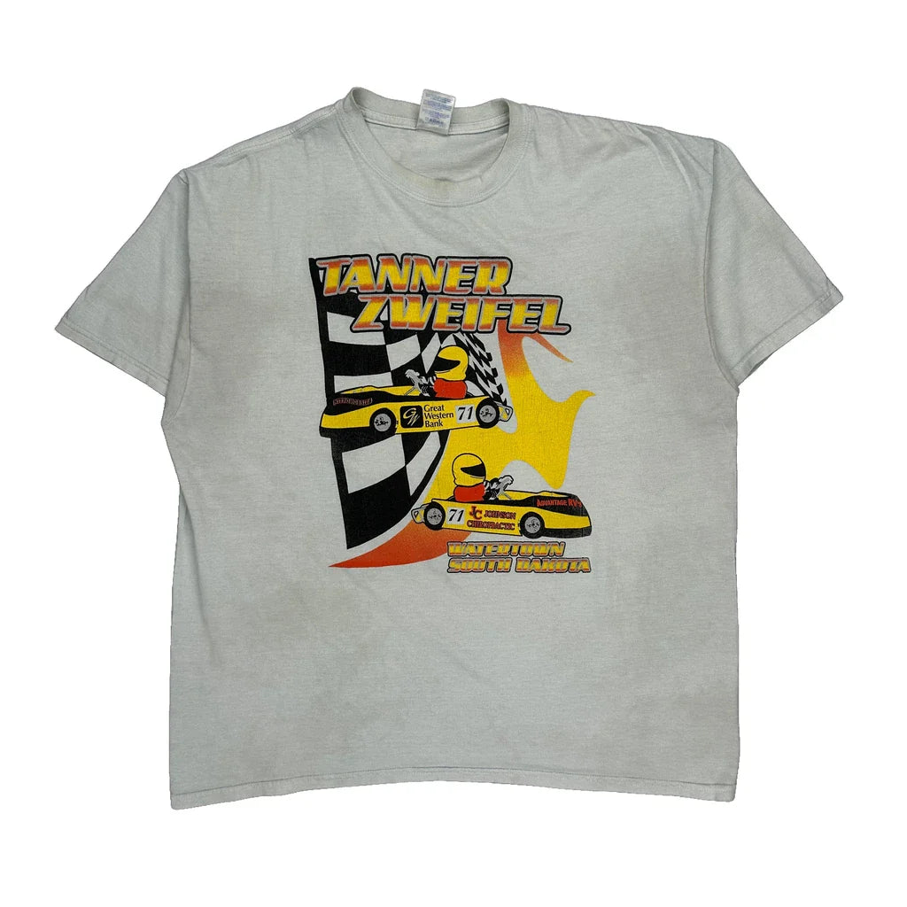 Racing Gildan Graphic T-Shirt - XL White Cotton Refurbished - Thrifted (note: this is a term often used to describe second- refurbished available on Cerqular