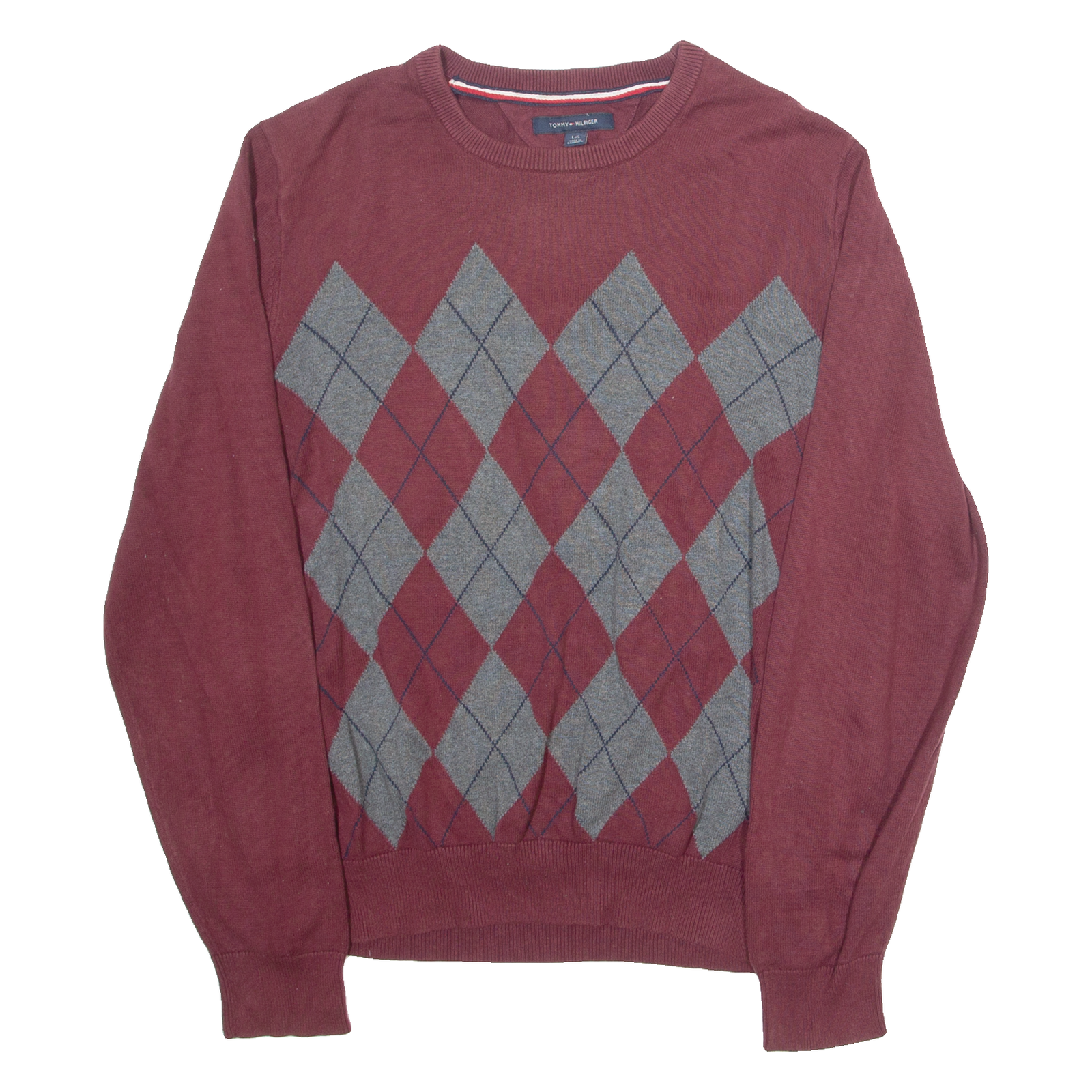 TOMMY HILFIGER Mens Patterned Jumper Maroon Argyle Tight Knit L Refurbished - N/A refurbished available on Cerqular