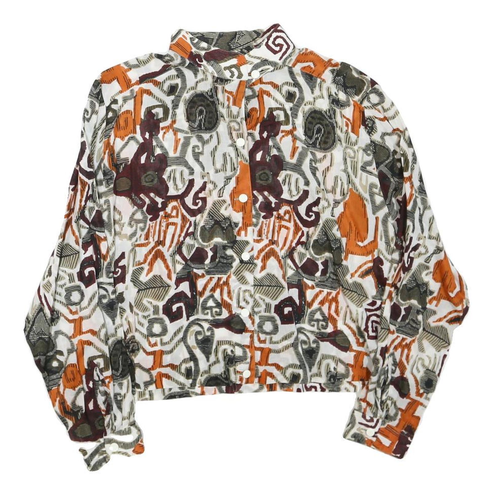 Womens White Orange Brown Abstract Print Button Top Long Sleeve Collar M Stylish Refurbished - N/A refurbished available on Cerqular