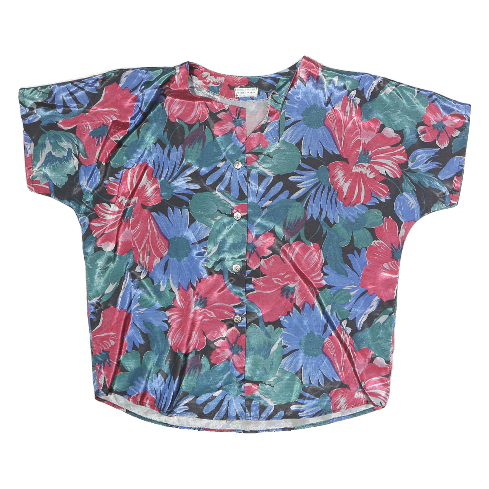 CHINDAMANE Womens Blue & Red Floral Silk Button Short Sleeve Top L Casual Refurbished - N/A refurbished available on Cerqular
