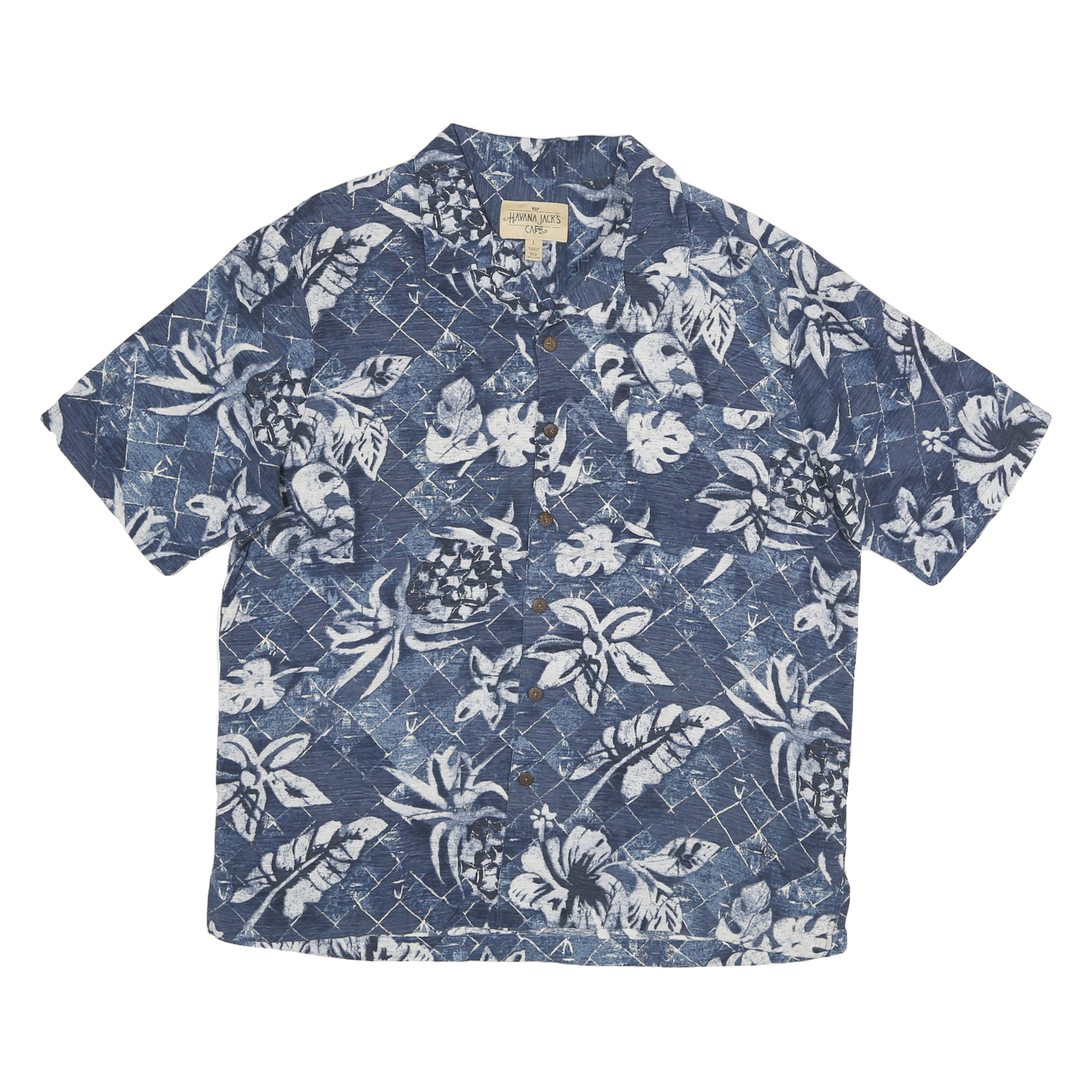 HAVANA JACKS Mens Blue Hawaiian Shirt L Silk Tropical Print Summer Casual Refurbished - N/A refurbished available on Cerqular