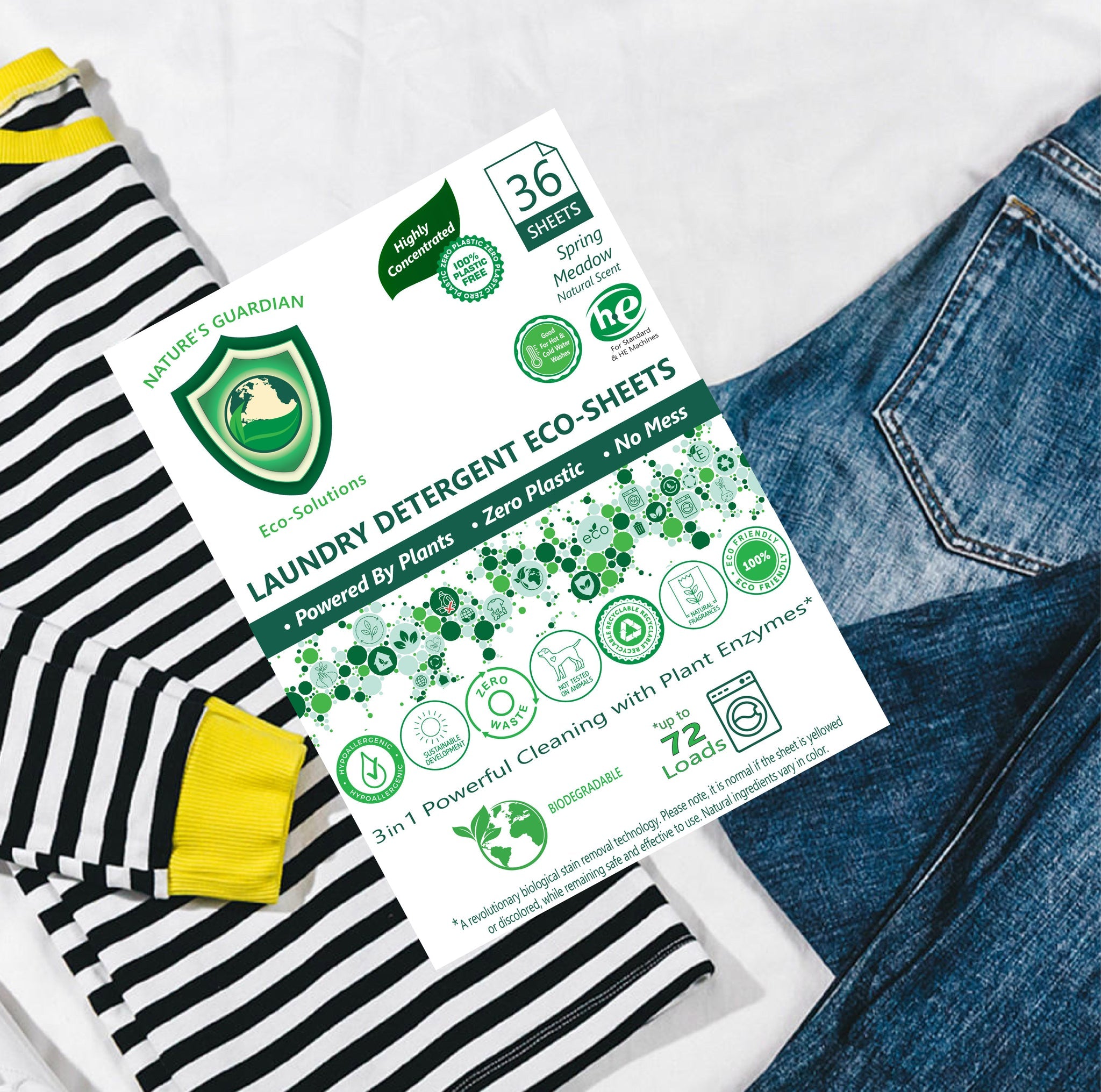 36 CT. (up to 72 loads) Ultra Concentrated Chemical-Free, Laundry Detergent Eco-Sheets | Unscented & Naturally Scented Options | Style: Spring Meadow Scent (Clean Fragrance) Refurbished - Nature's Guardian Eco Sheets refurbished available on Cerqular