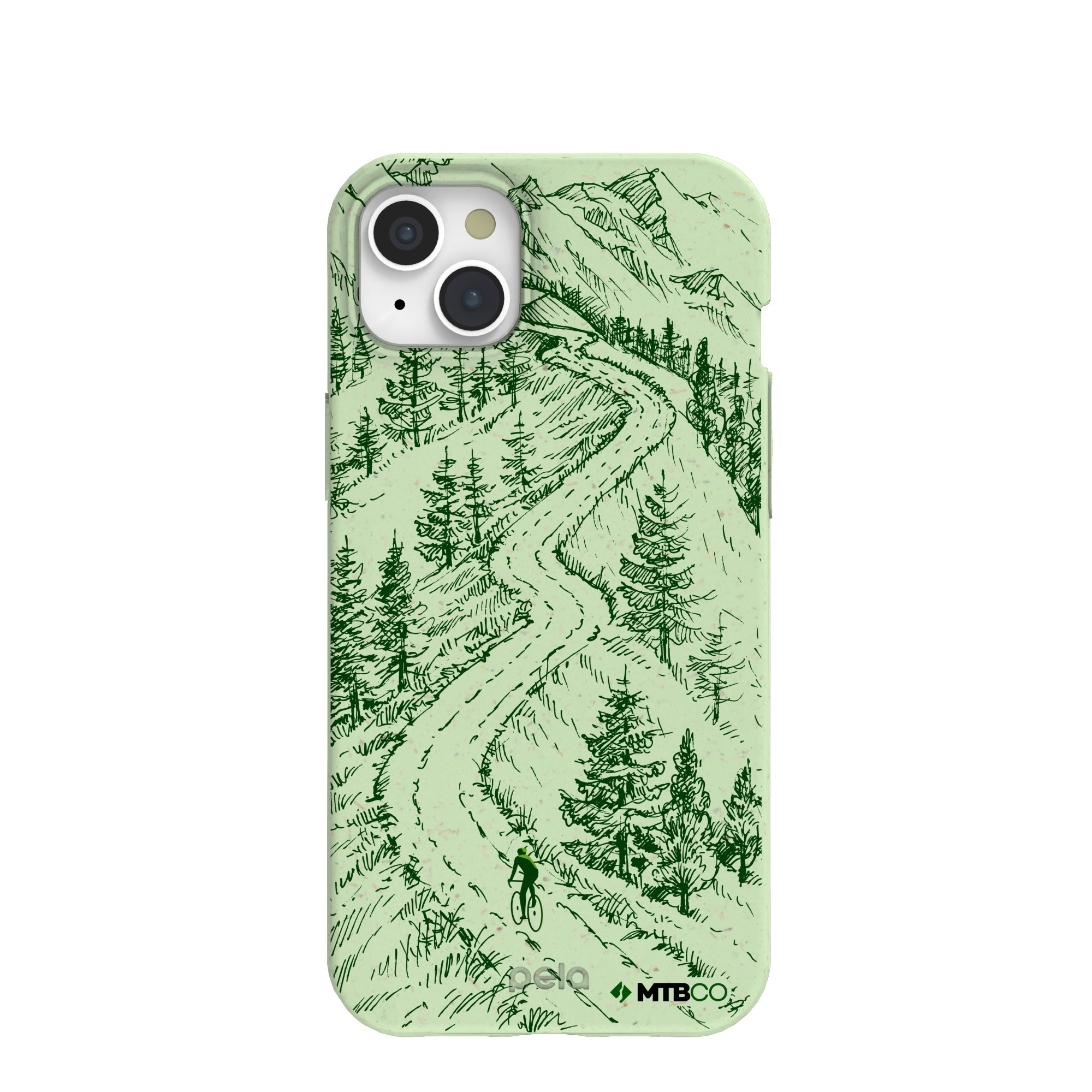 Sage Green Into the Mountains MTBCO iPhone 15 Plus Case Refurbished - Pela Case refurbished available on Cerqular